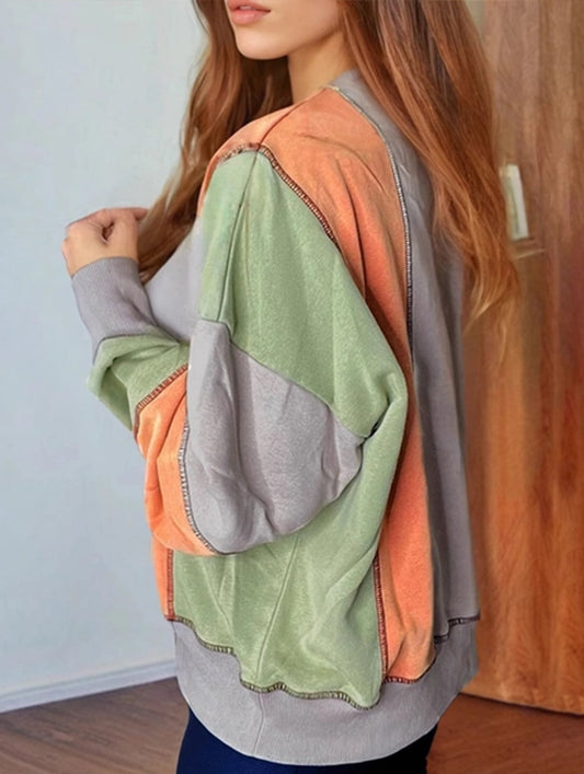 SIMPLE FASHION COLOR MATCHING CASUAL PULLOVER TOP