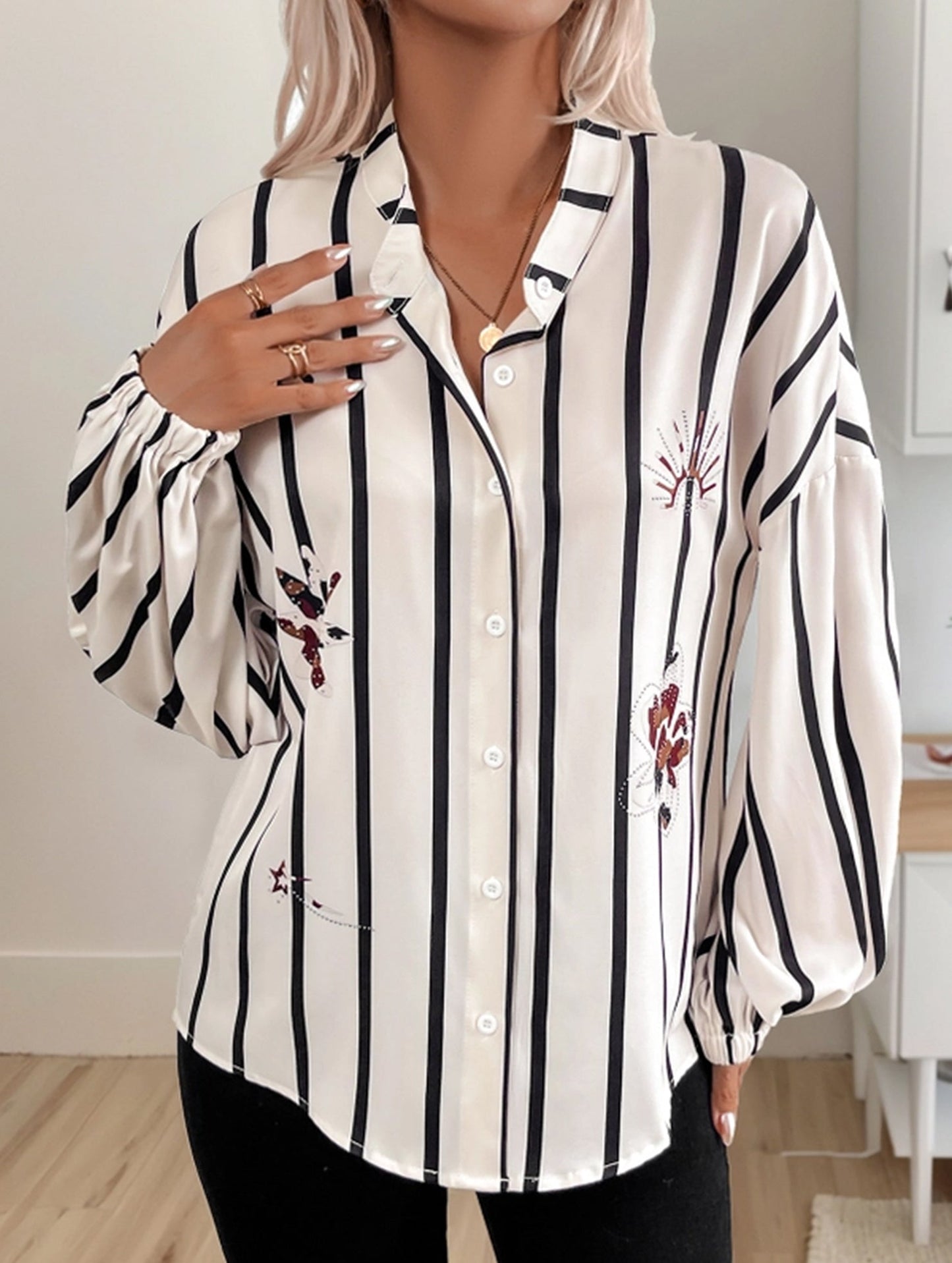 Stripe Sleeve Shirt with Stand Collar and Long Sleeves