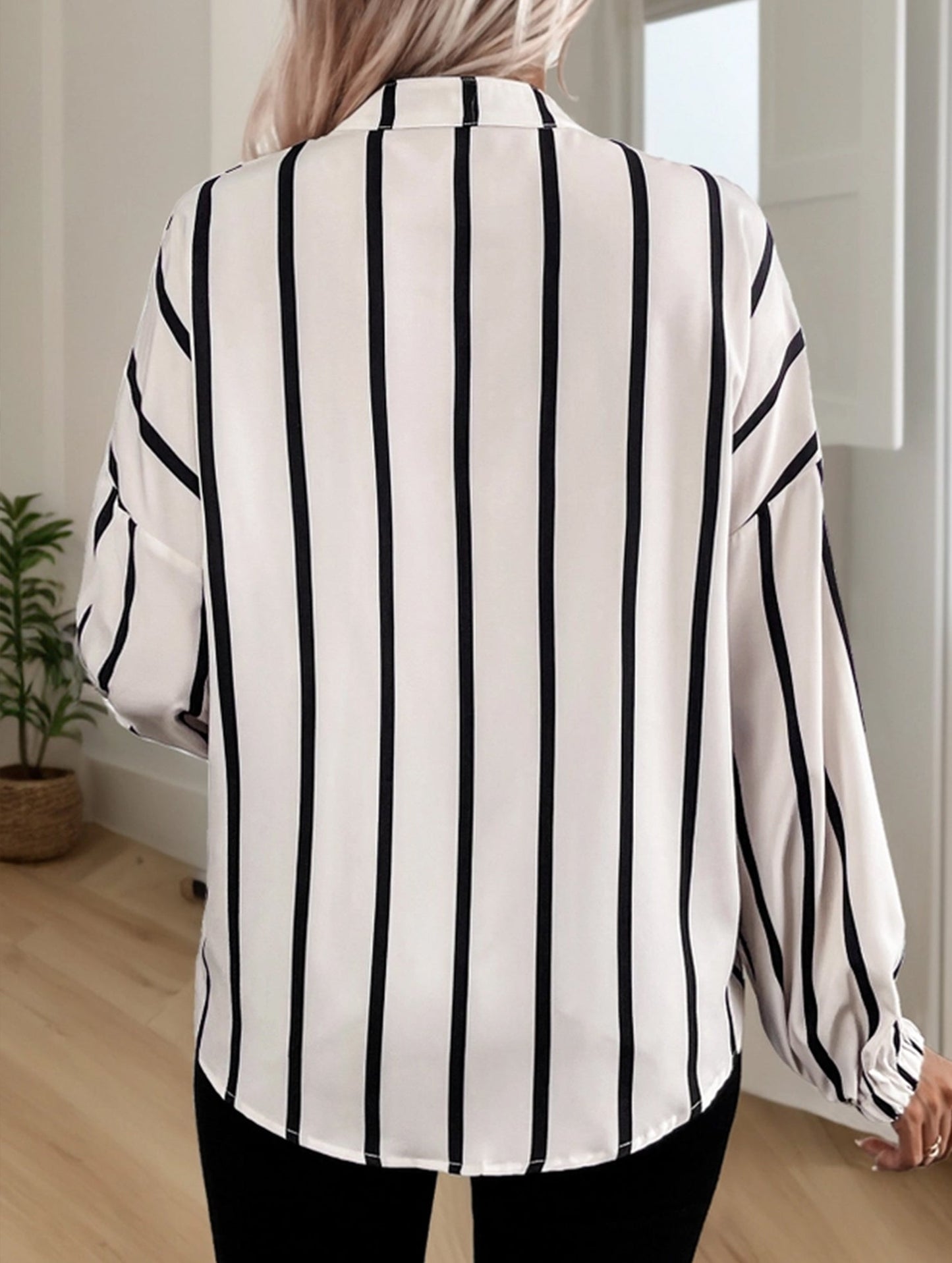Stripe Sleeve Shirt with Stand Collar and Long Sleeves