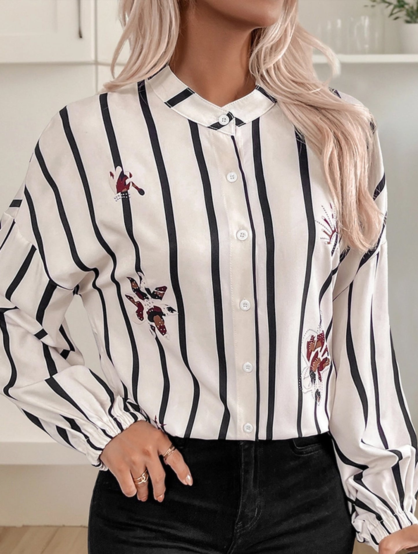 Stripe Sleeve Shirt with Stand Collar and Long Sleeves