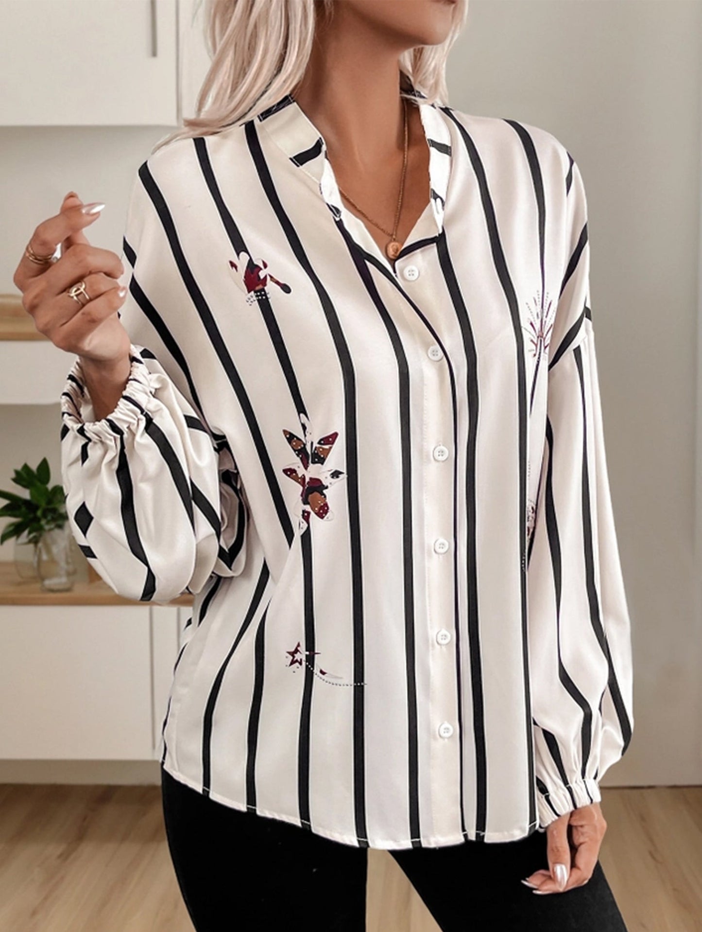 Stripe Sleeve Shirt with Stand Collar and Long Sleeves