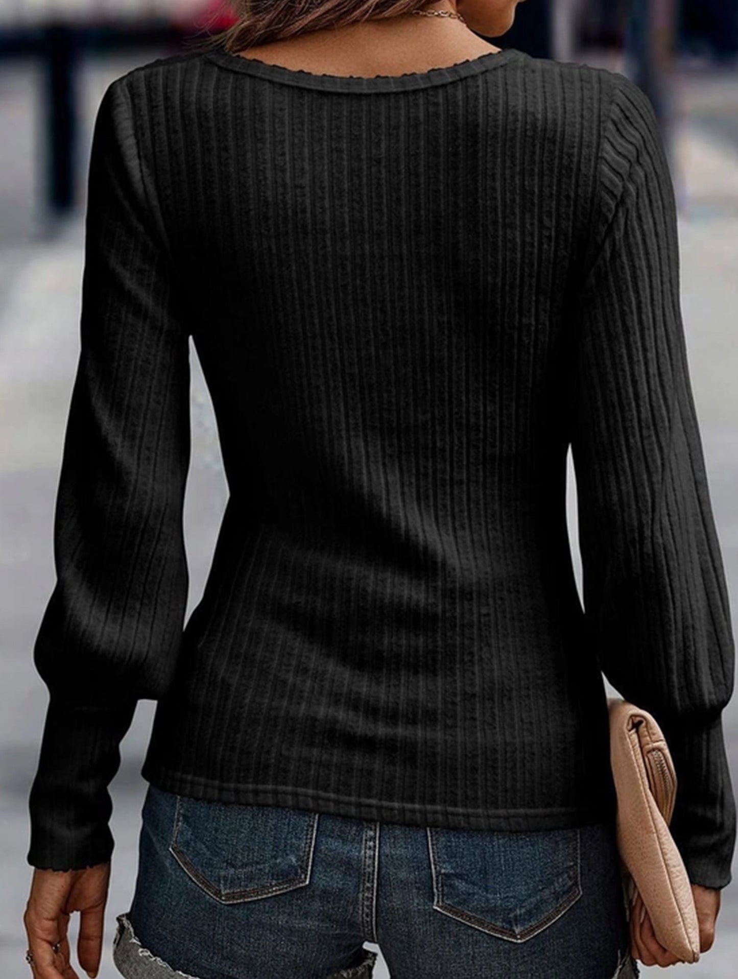 PIT STRIP SHAVED ROUND NECK LANTERN SLEEVE TOP