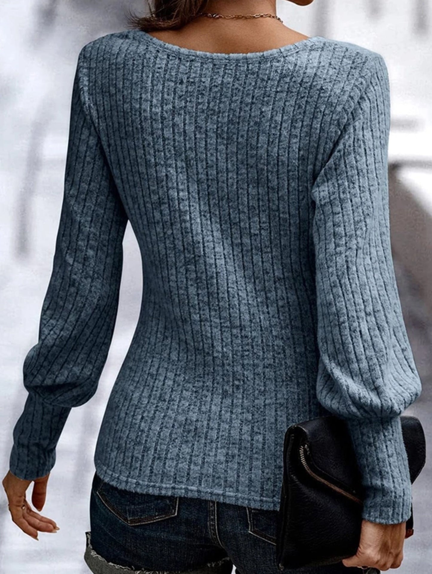 PIT STRIP SHAVED ROUND NECK LANTERN SLEEVE TOP