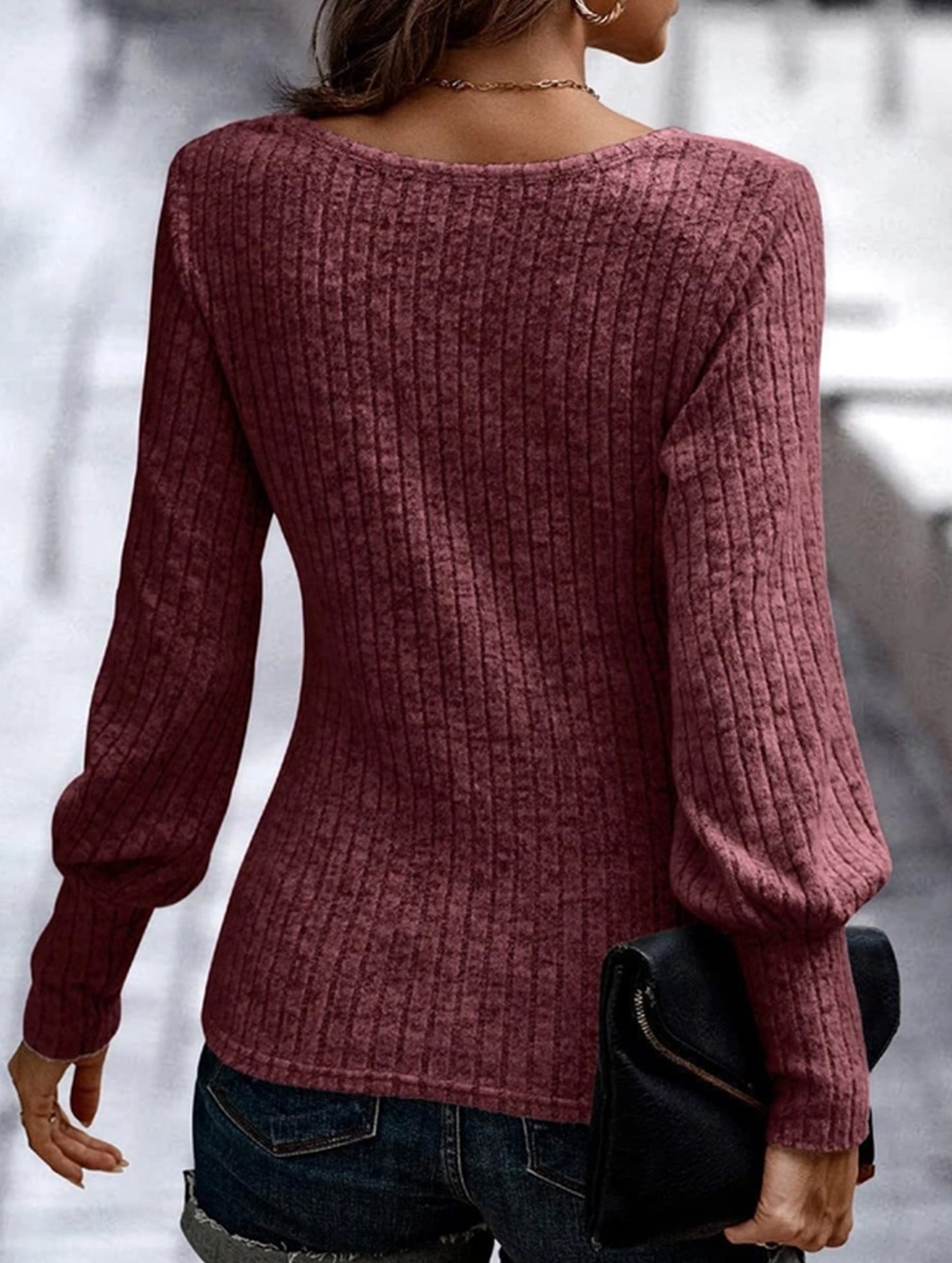 PIT STRIP SHAVED ROUND NECK LANTERN SLEEVE TOP