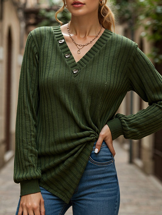 LONG SLEEVE SOLID COLOR SWEATER V-NECK TEXTURE