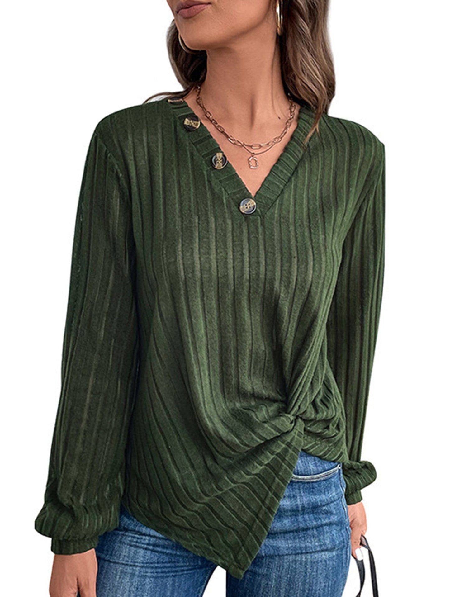 LONG SLEEVE SOLID COLOR SWEATER V-NECK TEXTURE