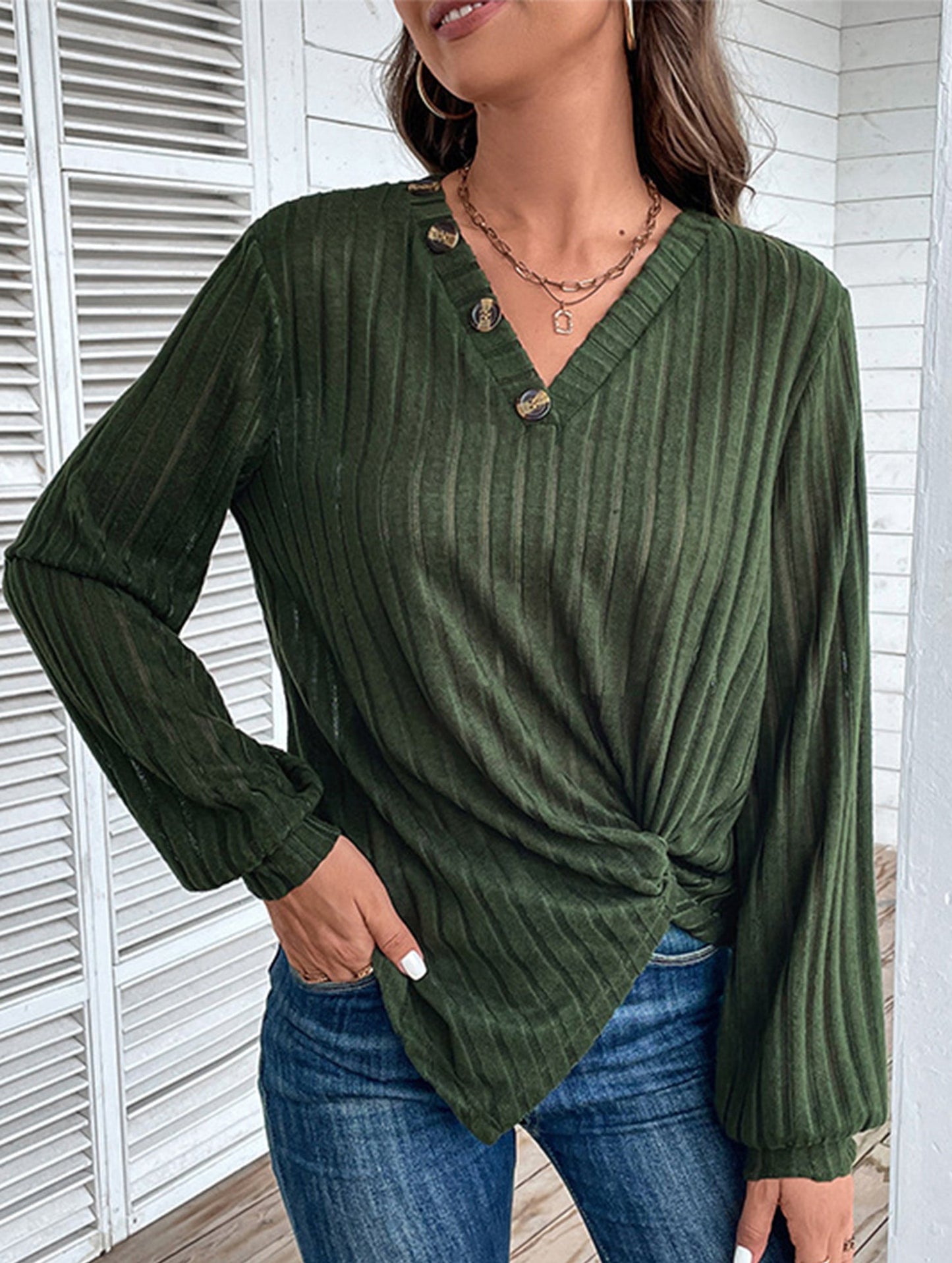 LONG SLEEVE SOLID COLOR SWEATER V-NECK TEXTURE