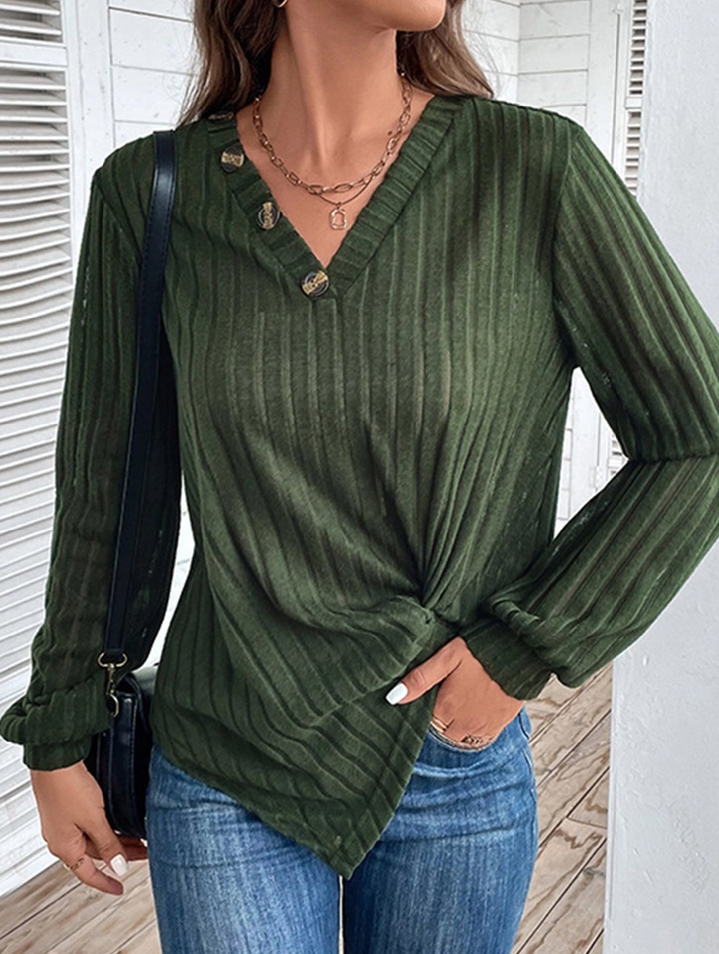 LONG SLEEVE SOLID COLOR SWEATER V-NECK TEXTURE