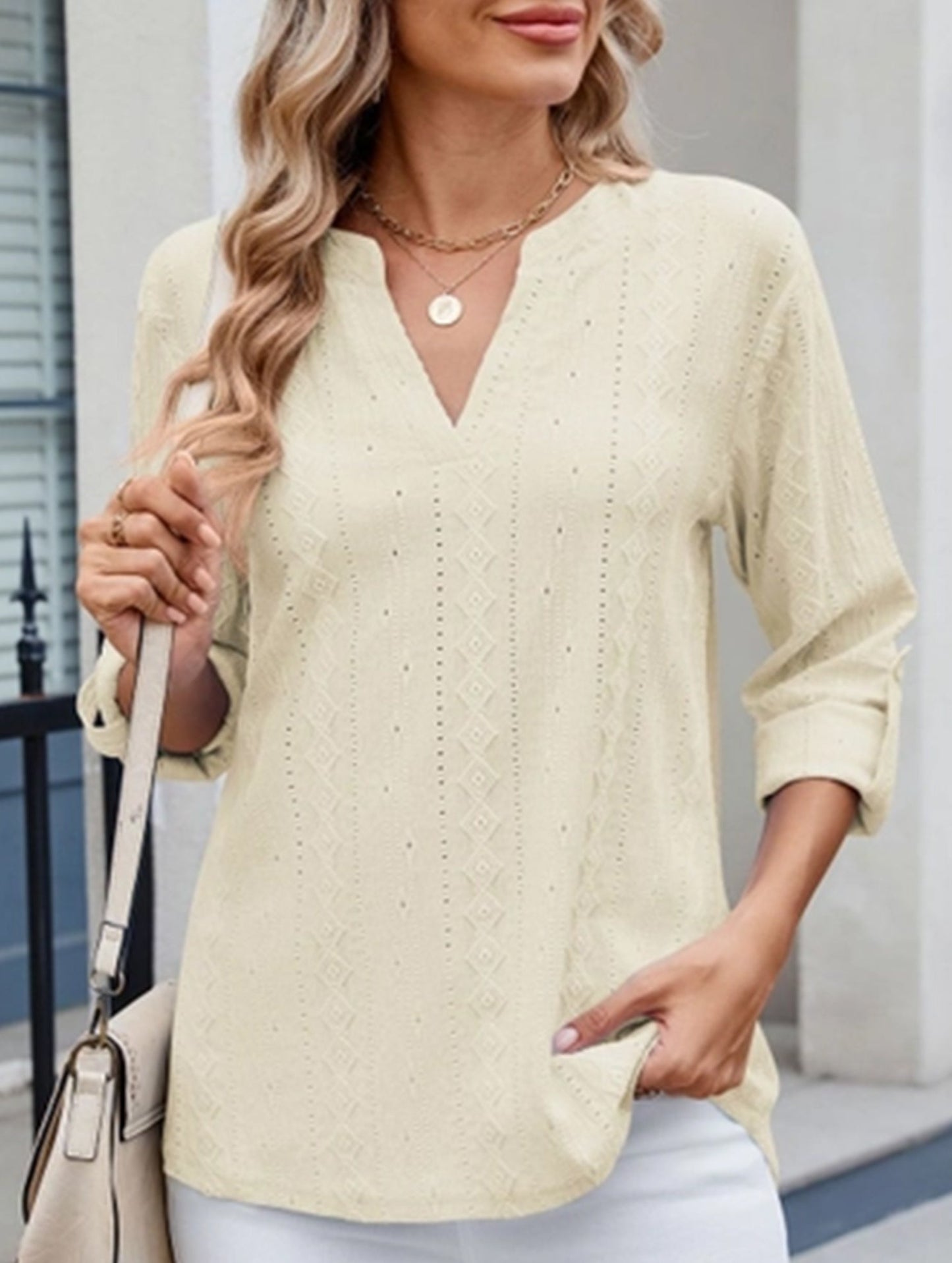 V-neck mid-sleeve button-up jacquard T-shirt