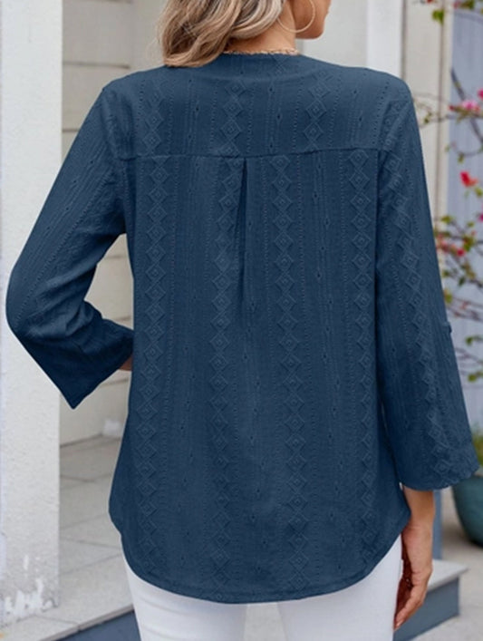 V-neck mid-sleeve button-up jacquard T-shirt
