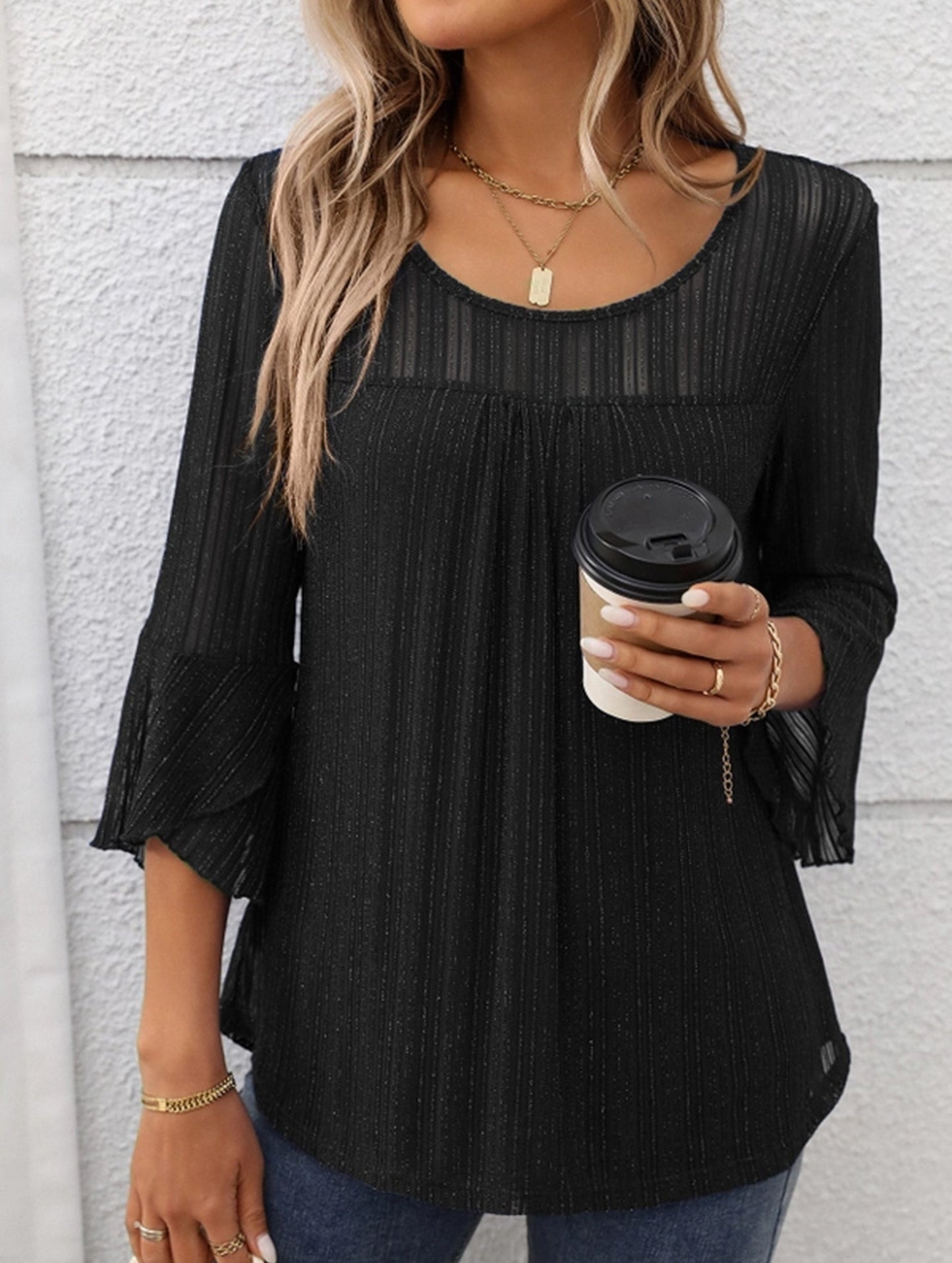 Elegant Glitter Gauze Top with Round Neck & Lotus Sleeves