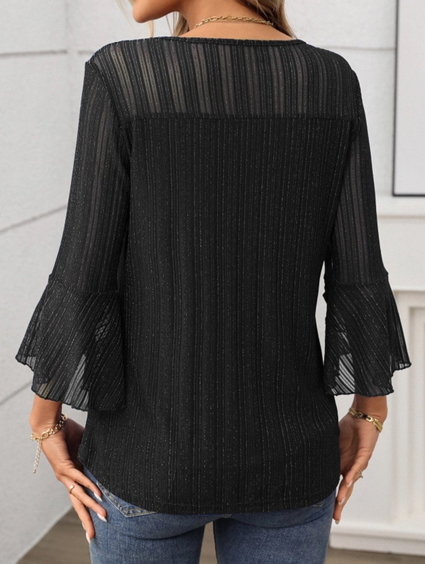 Elegant Glitter Gauze Top with Round Neck & Lotus Sleeves