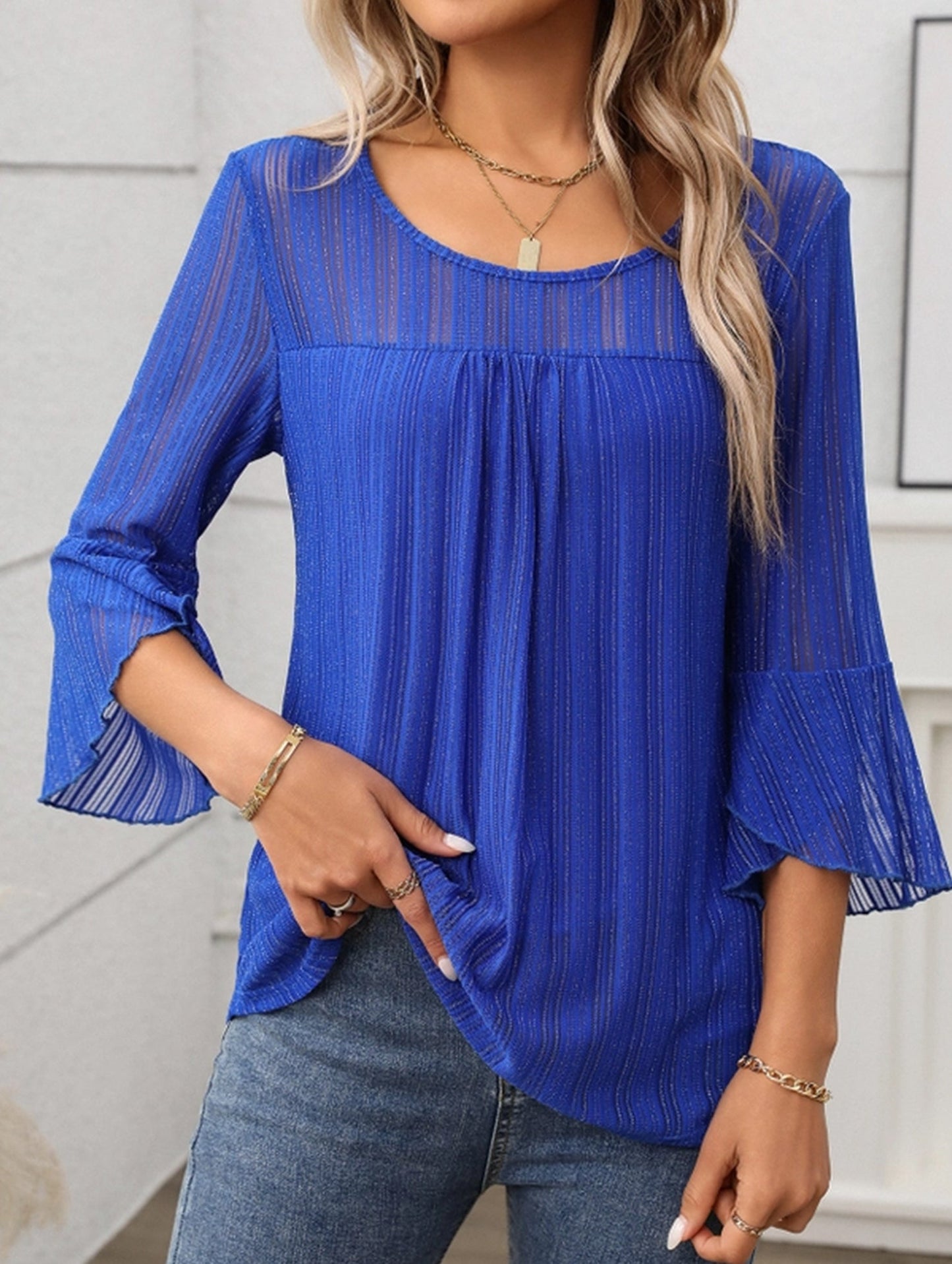 Elegant Glitter Gauze Top with Round Neck & Lotus Sleeves