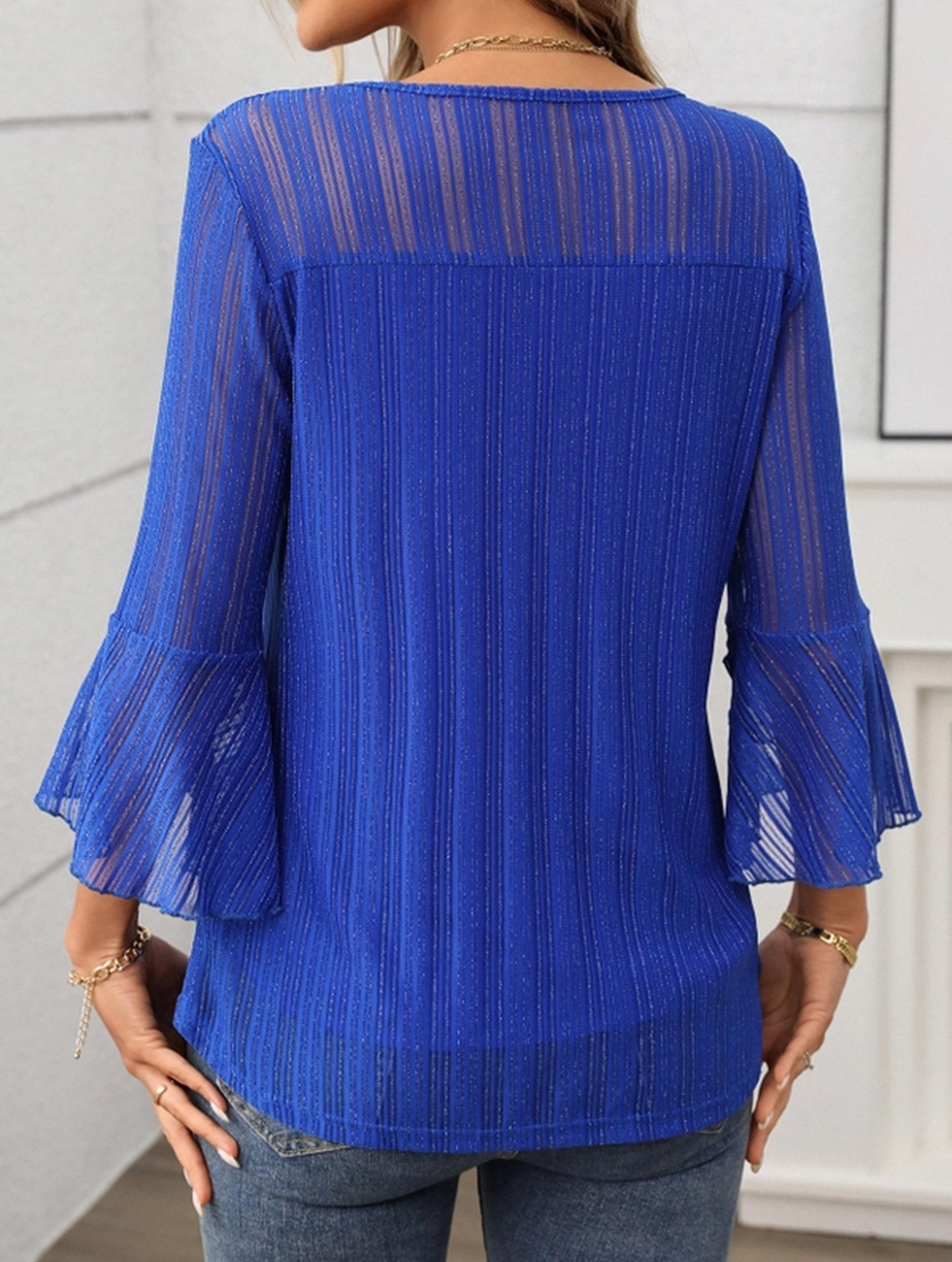 Elegant Glitter Gauze Top with Round Neck & Lotus Sleeves