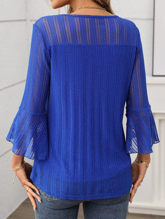 Elegant Glitter Gauze Top with Round Neck & Lotus Sleeves