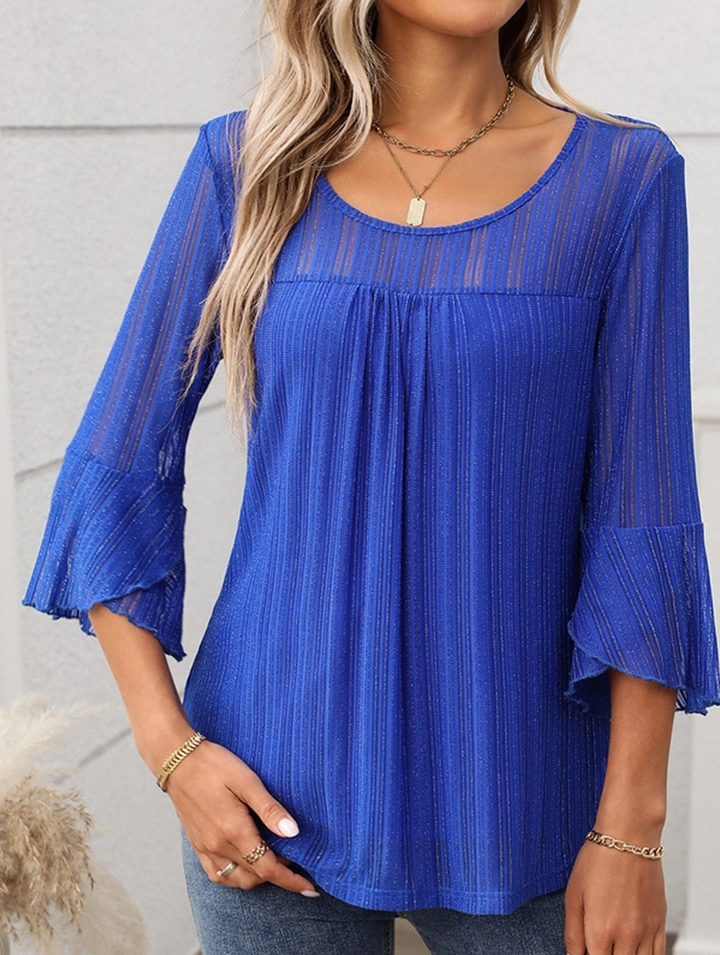 Elegant Glitter Gauze Top with Round Neck & Lotus Sleeves