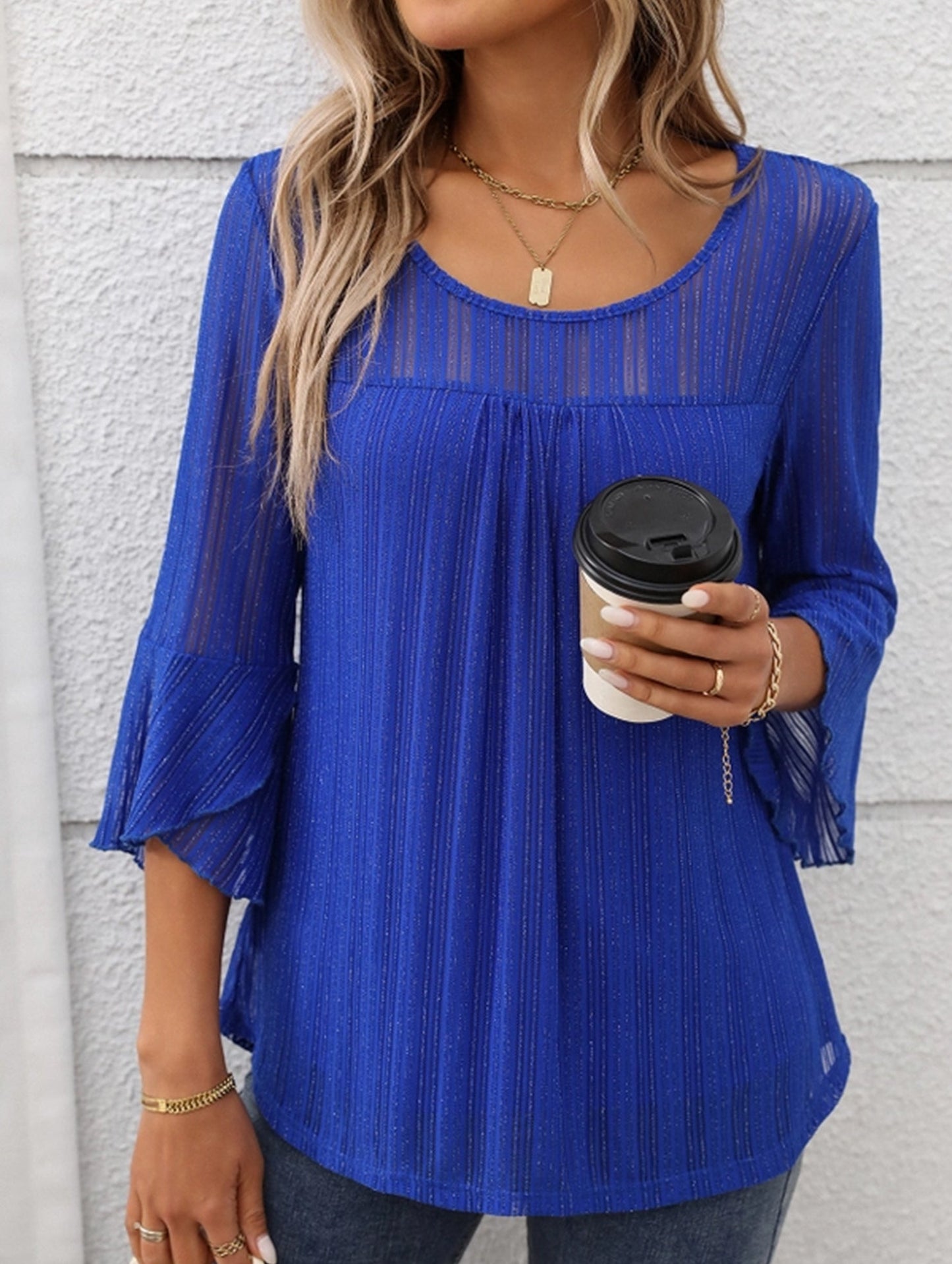 Elegant Glitter Gauze Top with Round Neck & Lotus Sleeves