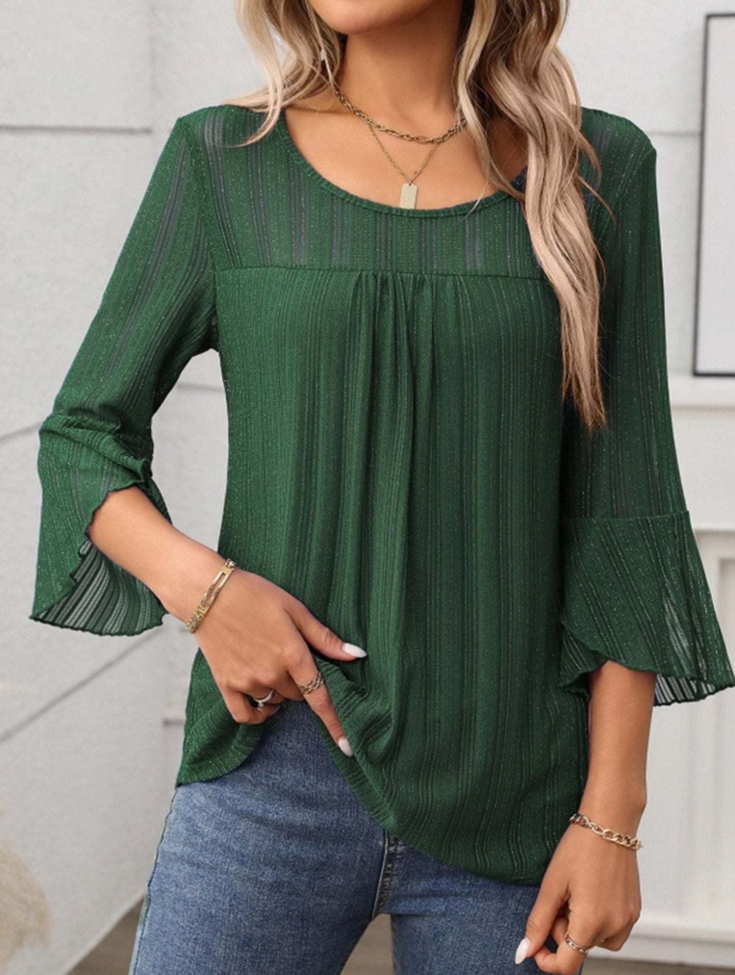 Elegant Glitter Gauze Top with Round Neck & Lotus Sleeves