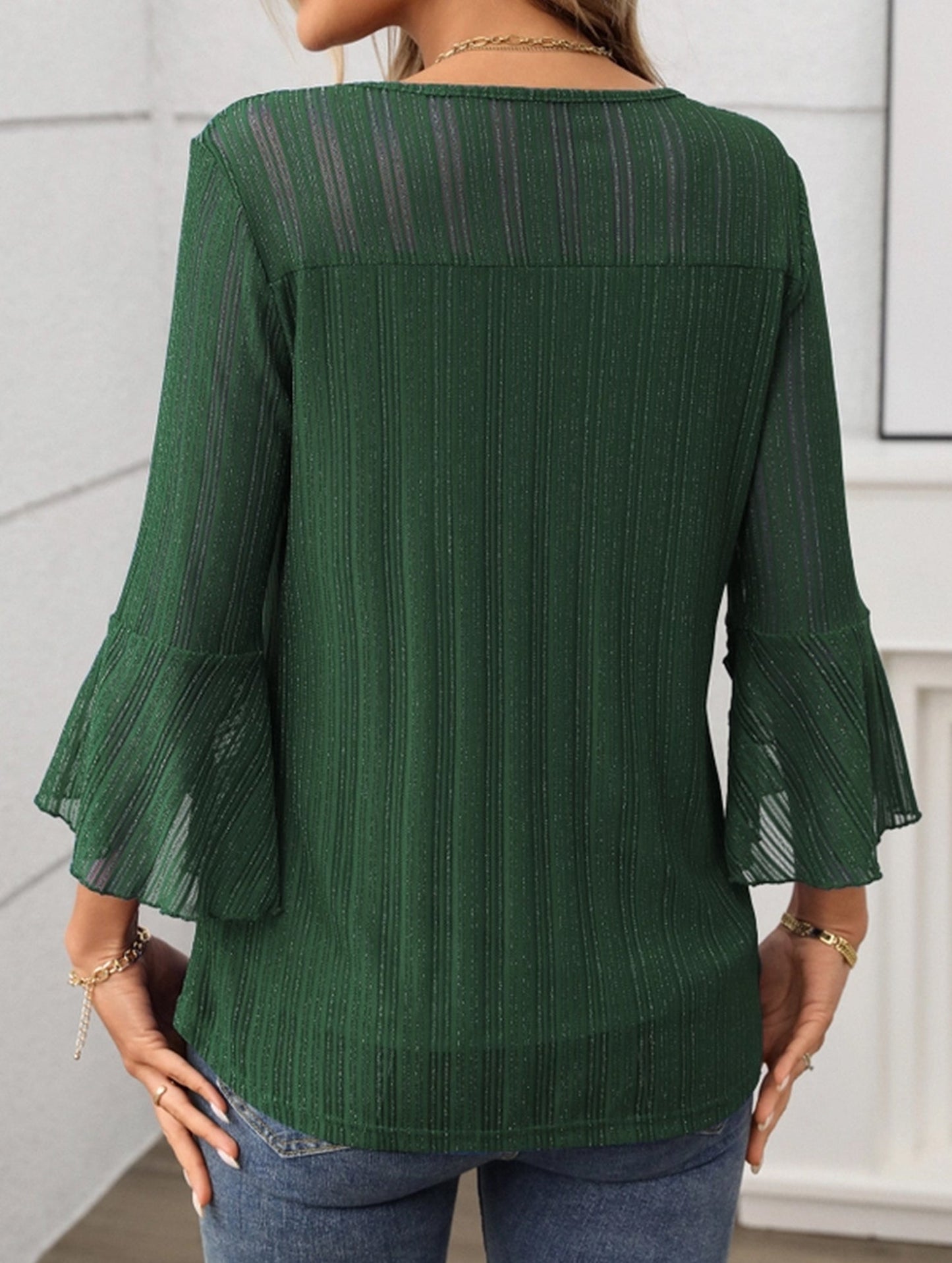 Elegant Glitter Gauze Top with Round Neck & Lotus Sleeves