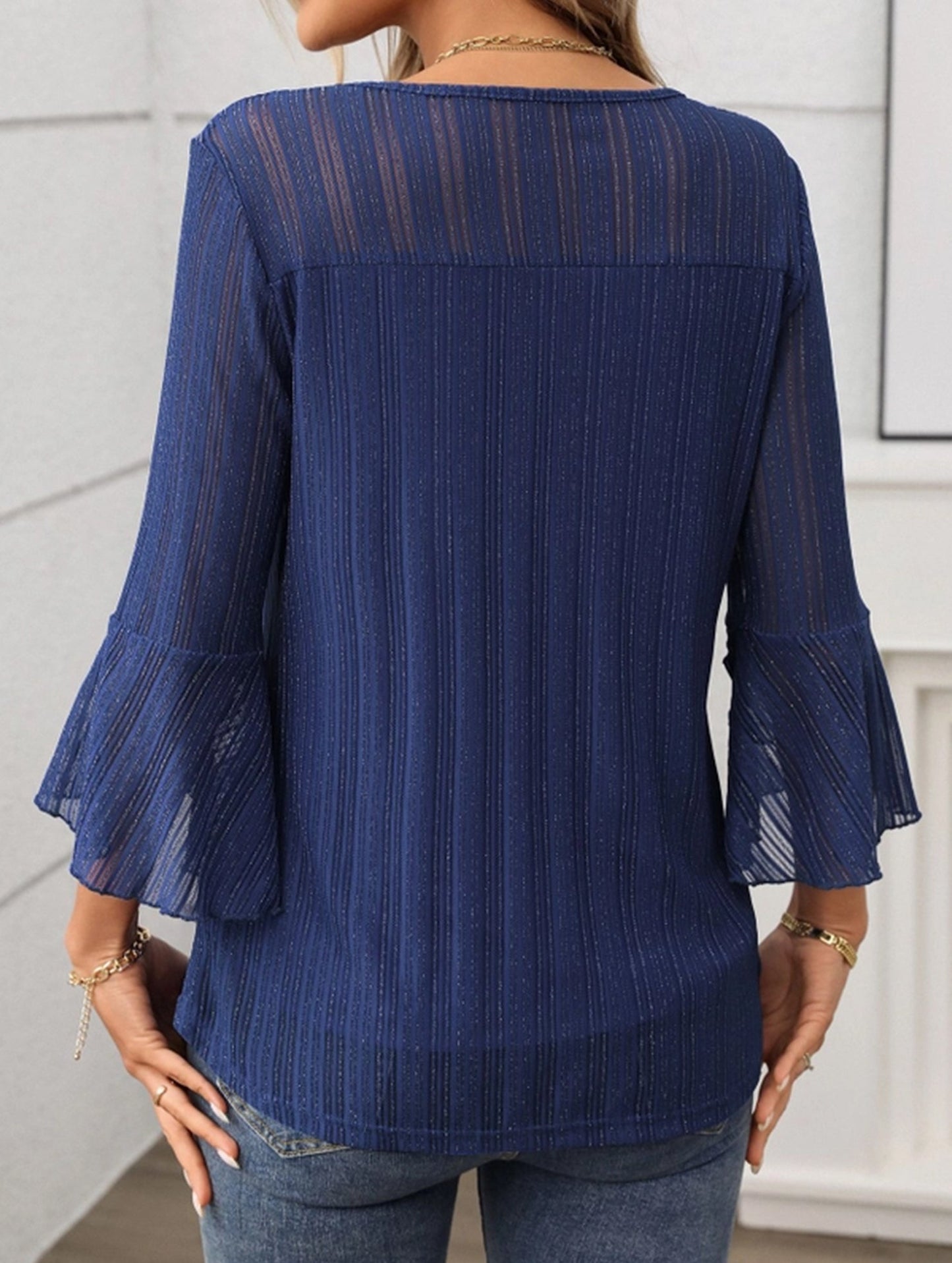 Elegant Glitter Gauze Top with Round Neck & Lotus Sleeves