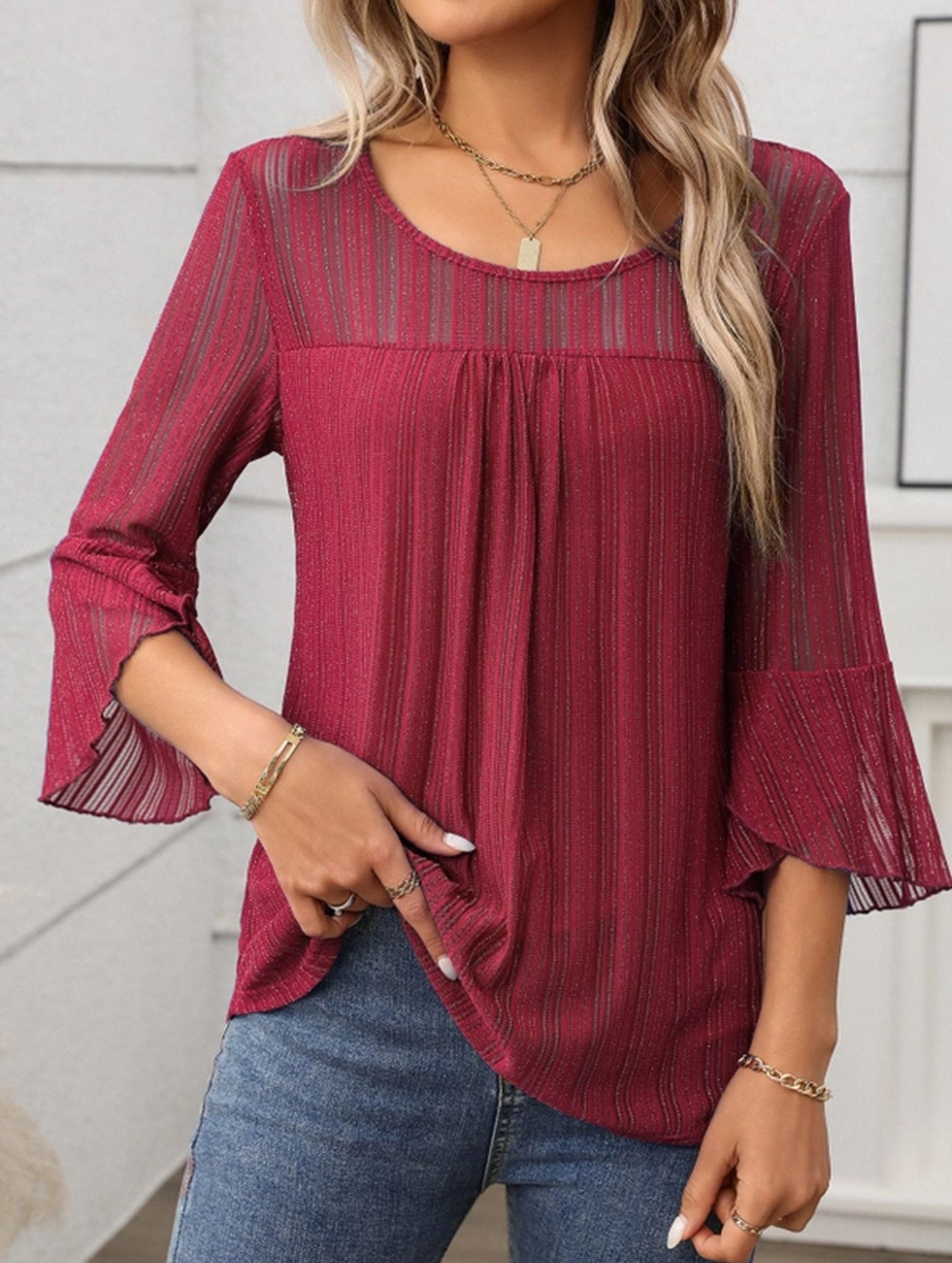 Elegant Glitter Gauze Top with Round Neck & Lotus Sleeves