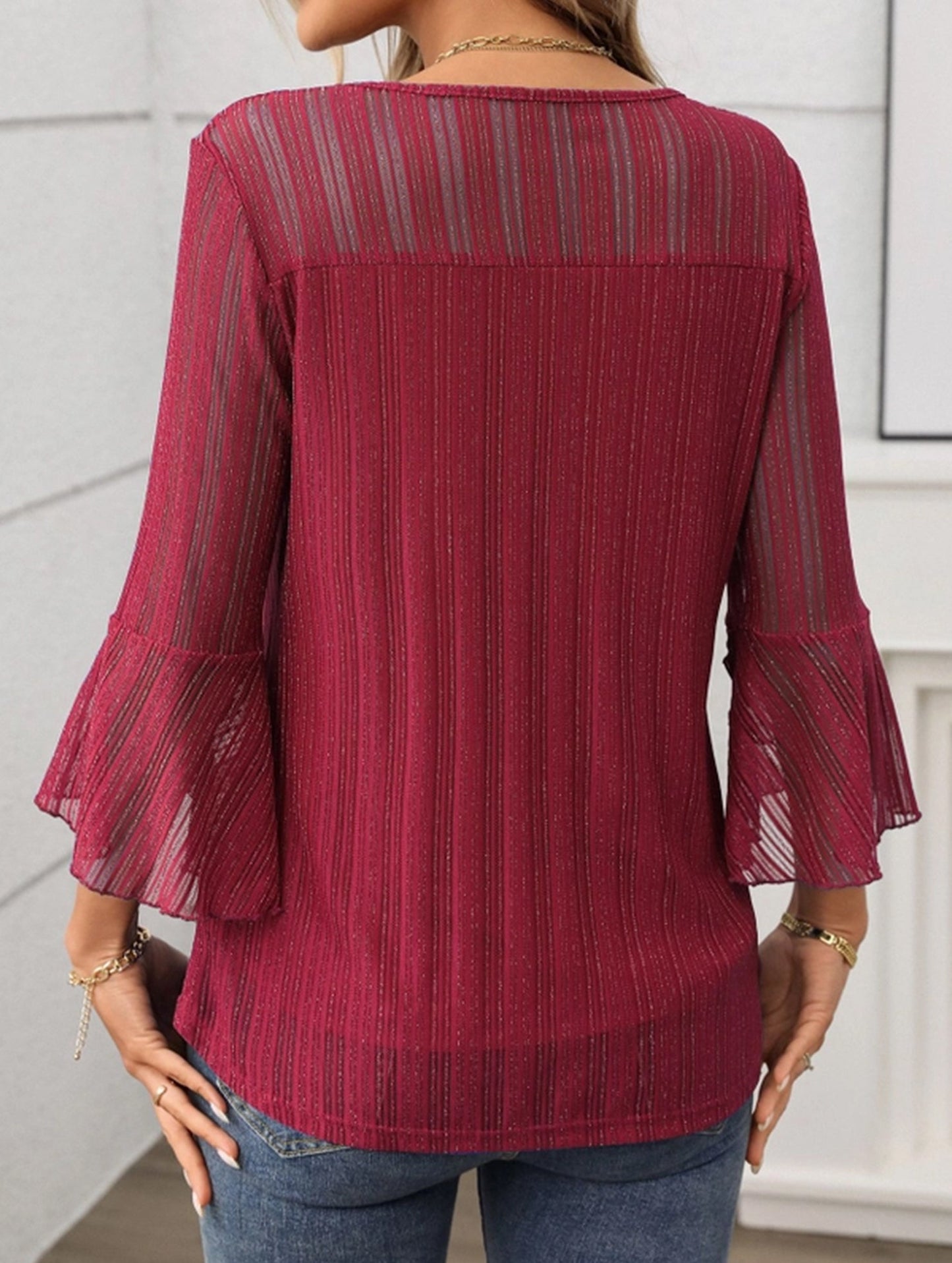 Elegant Glitter Gauze Top with Round Neck & Lotus Sleeves