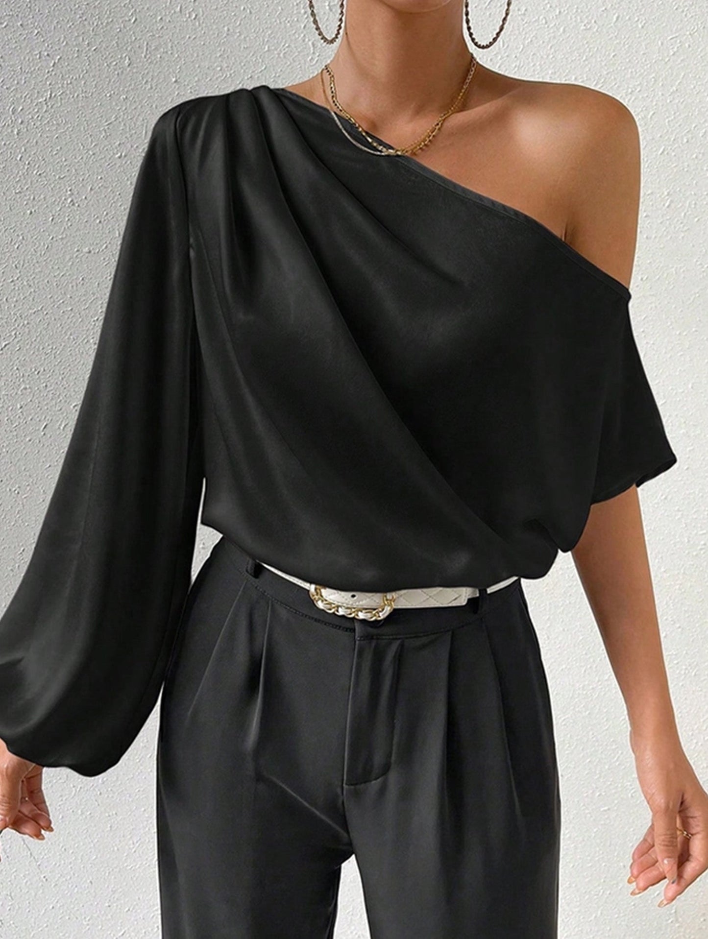 Slanted Neck Loose Fit Off Shoulder Top ??Chic & Breezy Women's Blouse