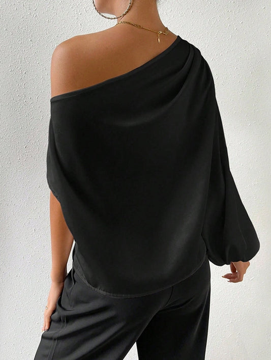 Slanted Neck Loose Fit Off Shoulder Top ??Chic & Breezy Women's Blouse