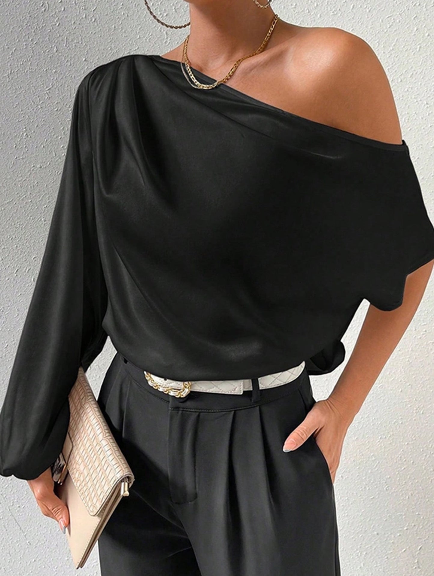 Slanted Neck Loose Fit Off Shoulder Top ??Chic & Breezy Women's Blouse