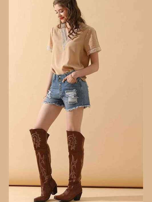 V NECK LACE POINT SHORT SLEEVE BLOUSE TOP - Doublju