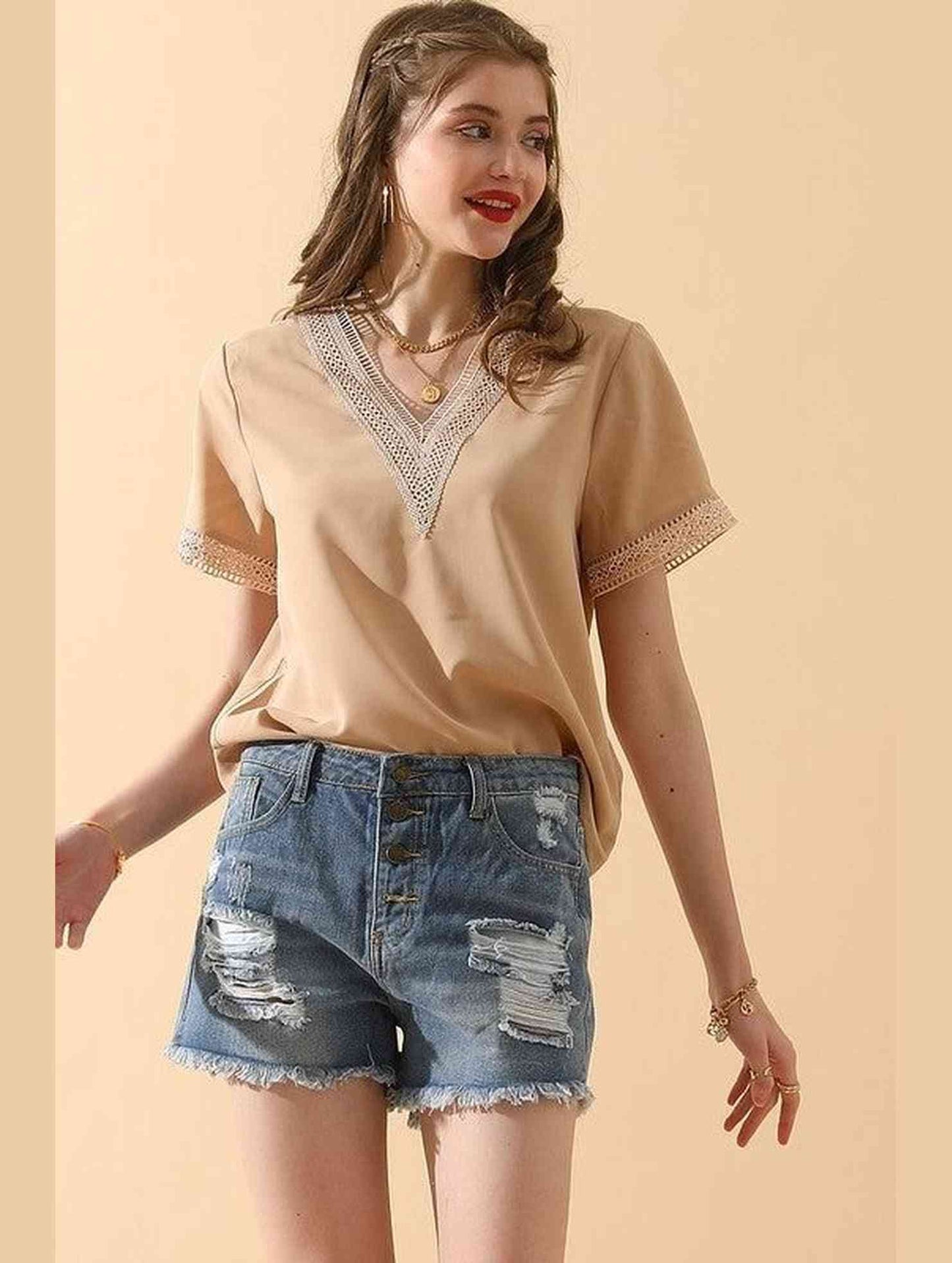 V NECK LACE POINT SHORT SLEEVE BLOUSE TOP - Doublju