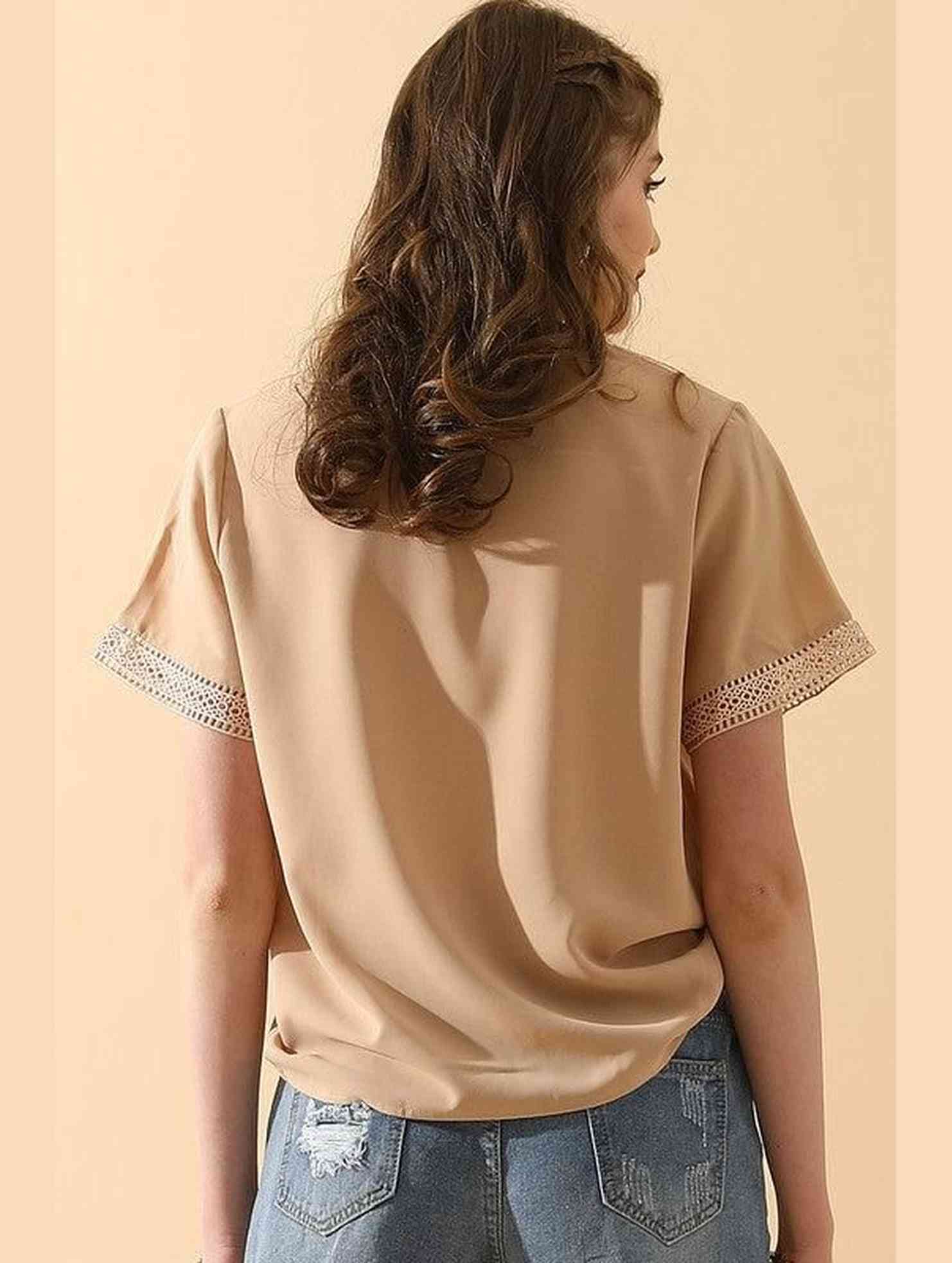 V NECK LACE POINT SHORT SLEEVE BLOUSE TOP - Doublju