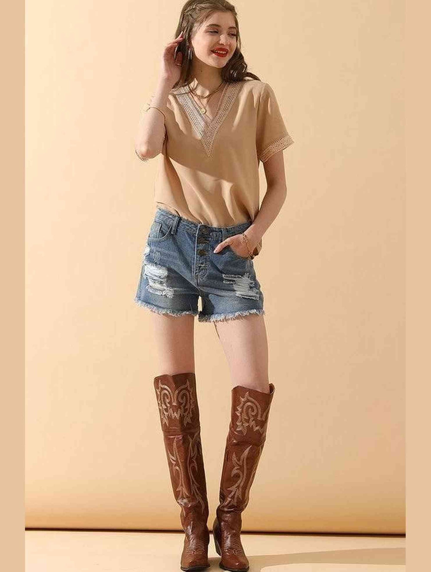 V NECK LACE POINT SHORT SLEEVE BLOUSE TOP - Doublju