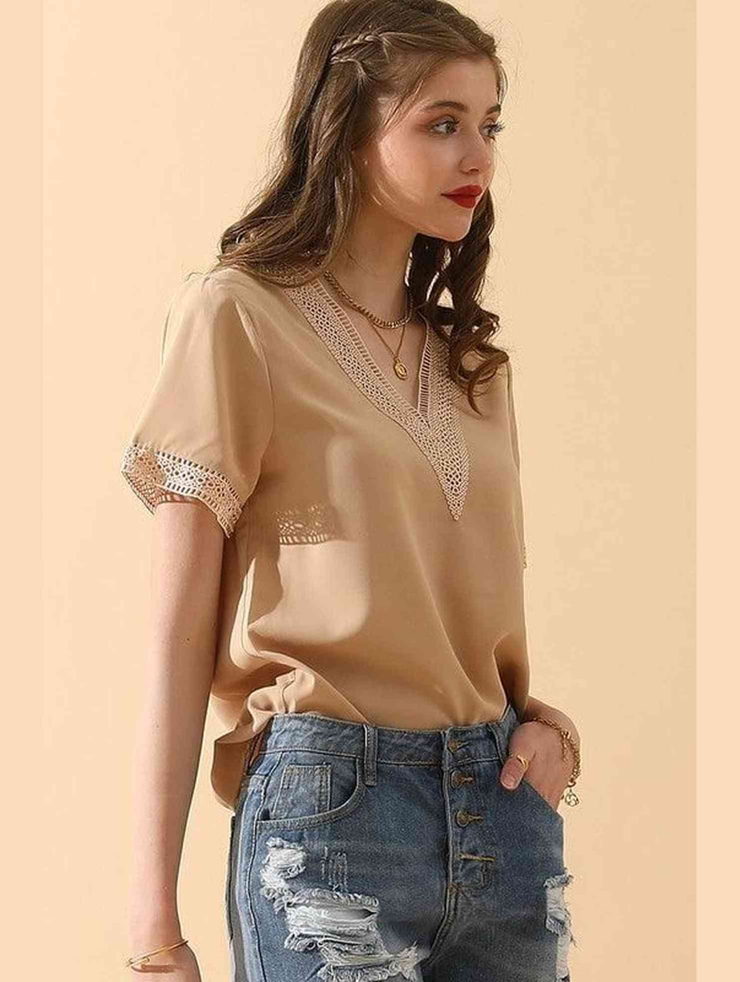 V NECK LACE POINT SHORT SLEEVE BLOUSE TOP - Doublju