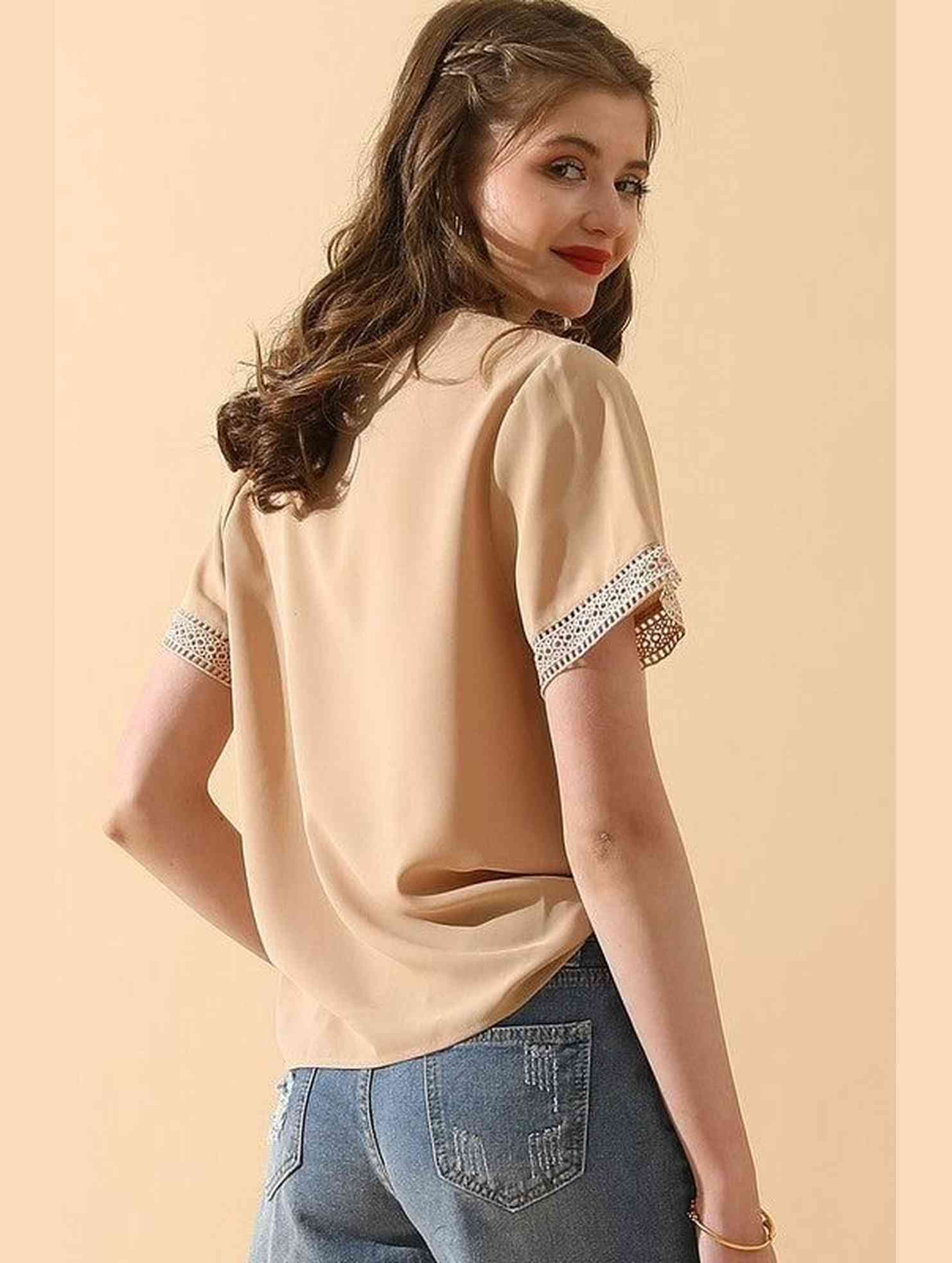 V NECK LACE POINT SHORT SLEEVE BLOUSE TOP - Doublju