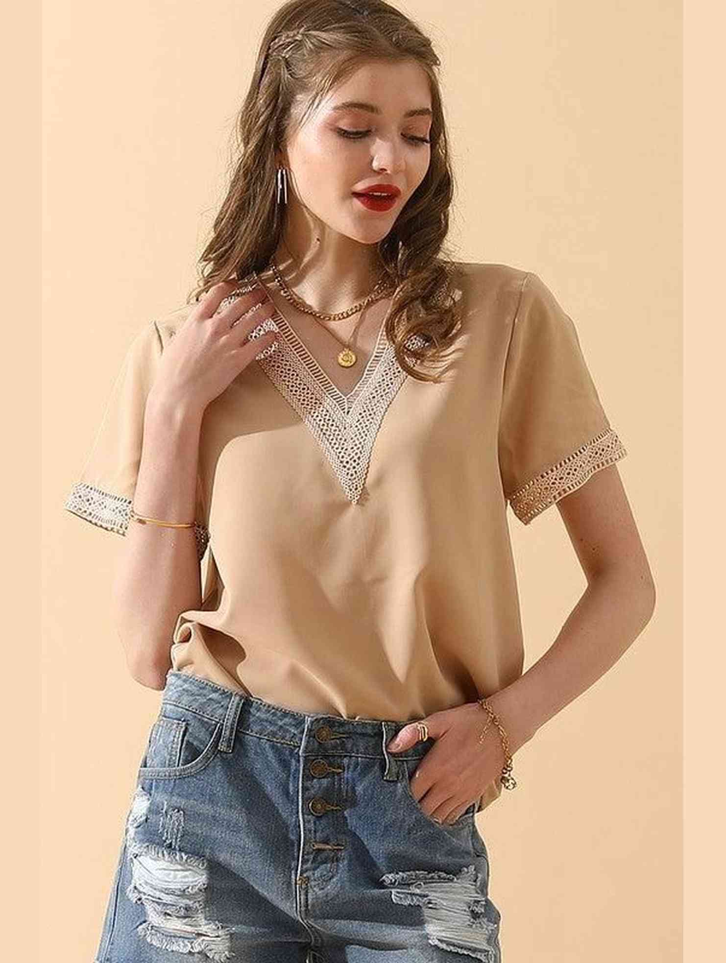 V NECK LACE POINT SHORT SLEEVE BLOUSE TOP - Doublju