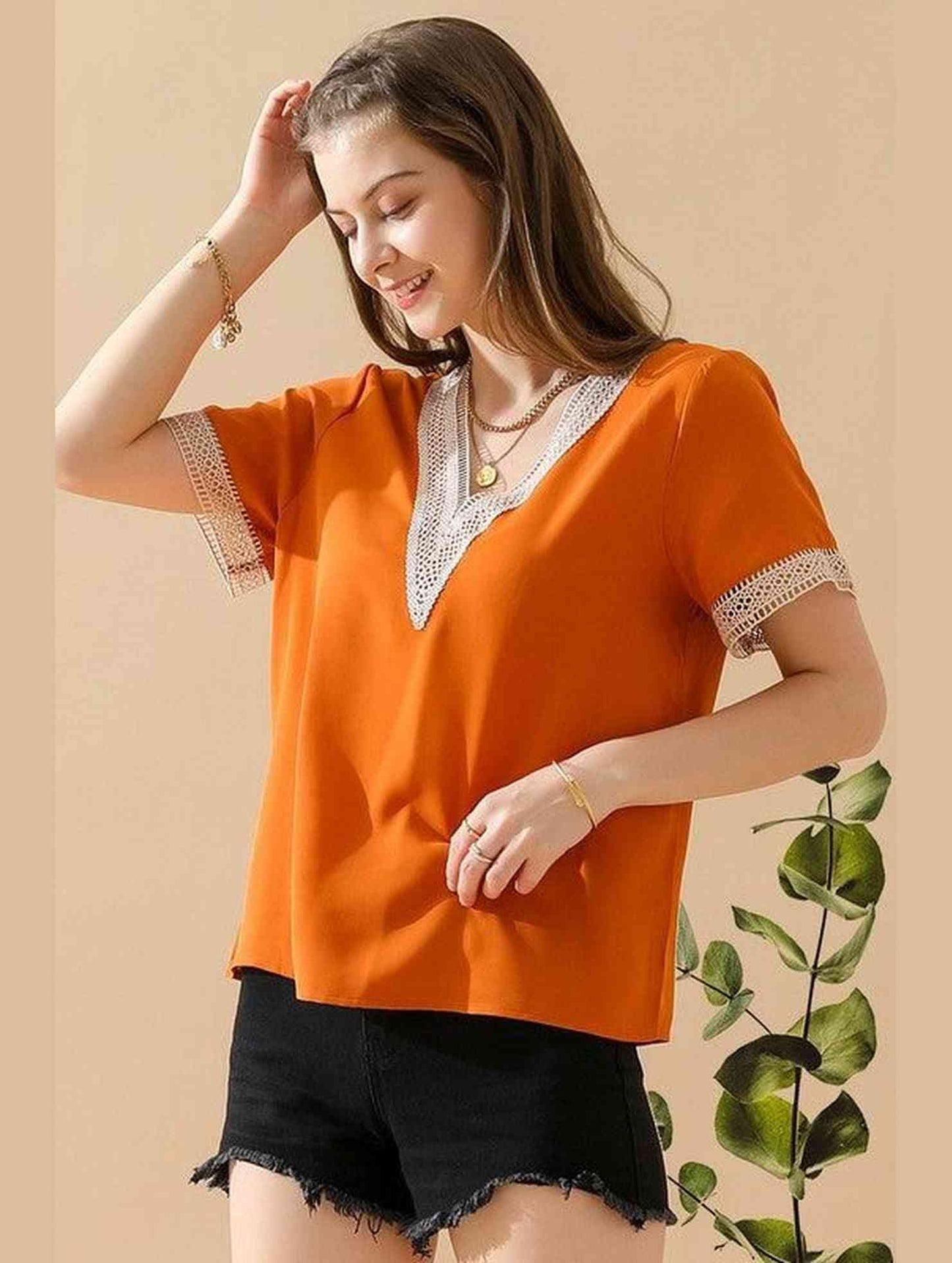 V NECK LACE POINT SHORT SLEEVE BLOUSE TOP - Doublju