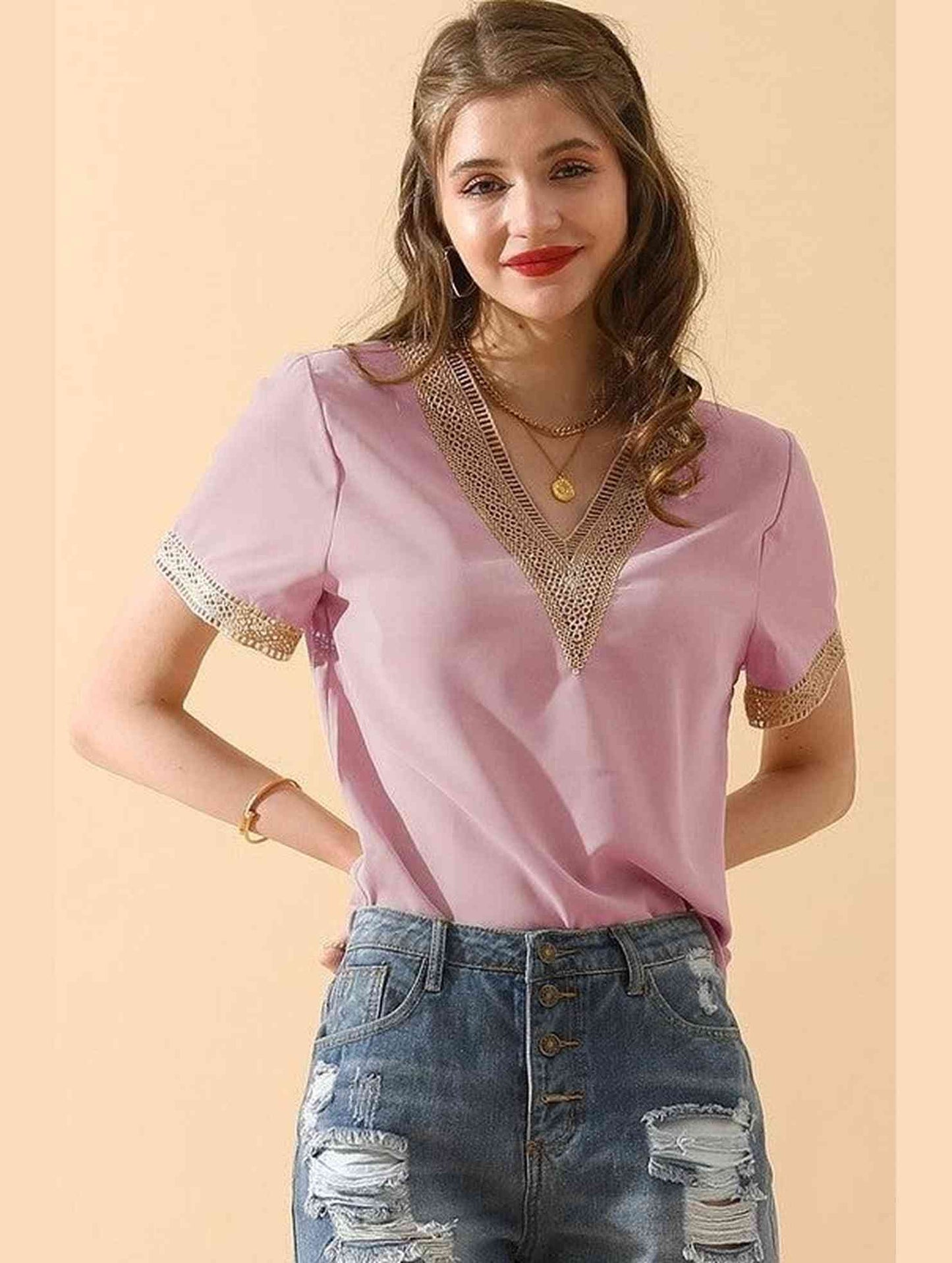 V NECK LACE POINT SHORT SLEEVE BLOUSE TOP - Doublju