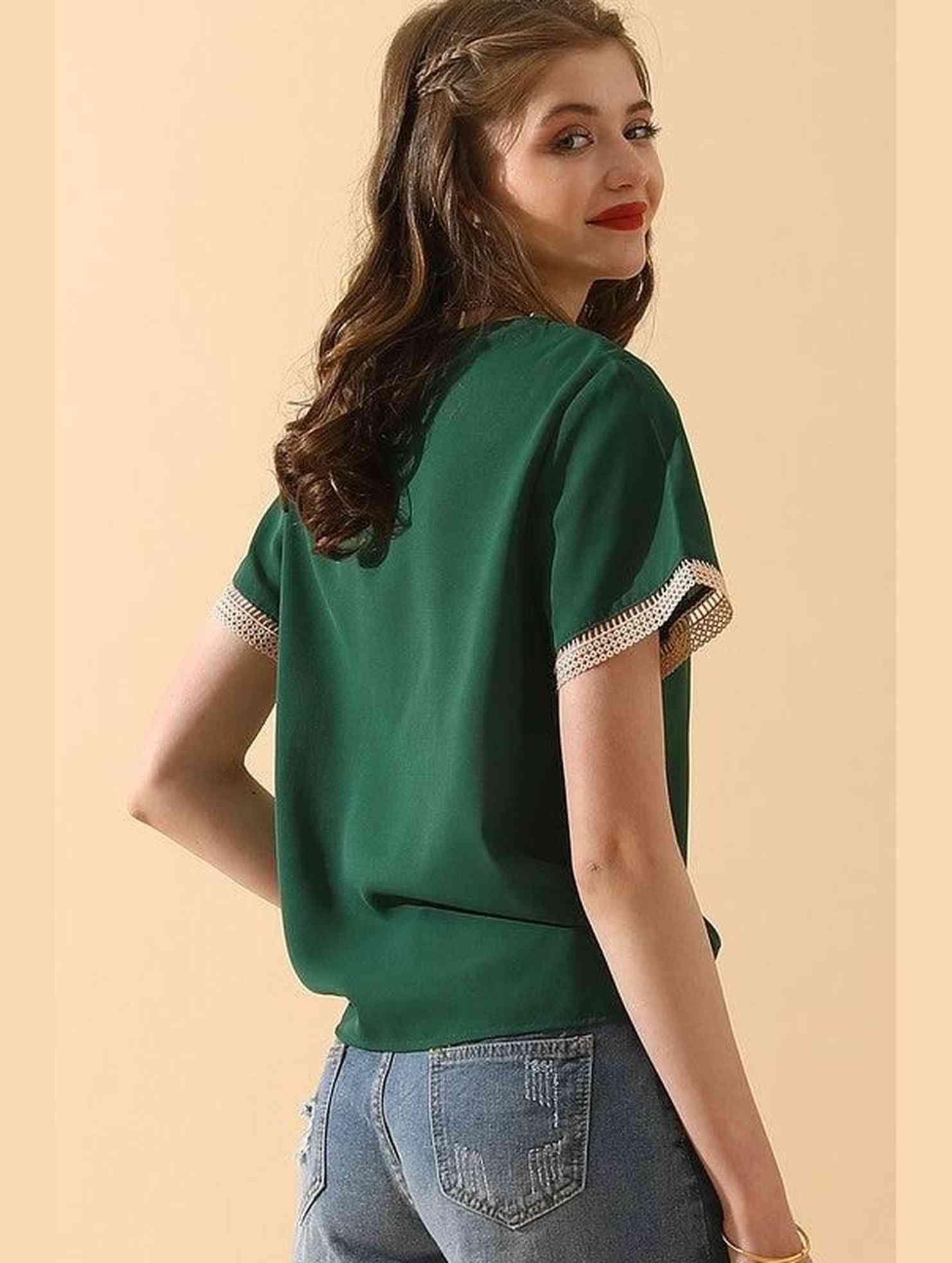 V NECK LACE POINT SHORT SLEEVE BLOUSE TOP - Doublju