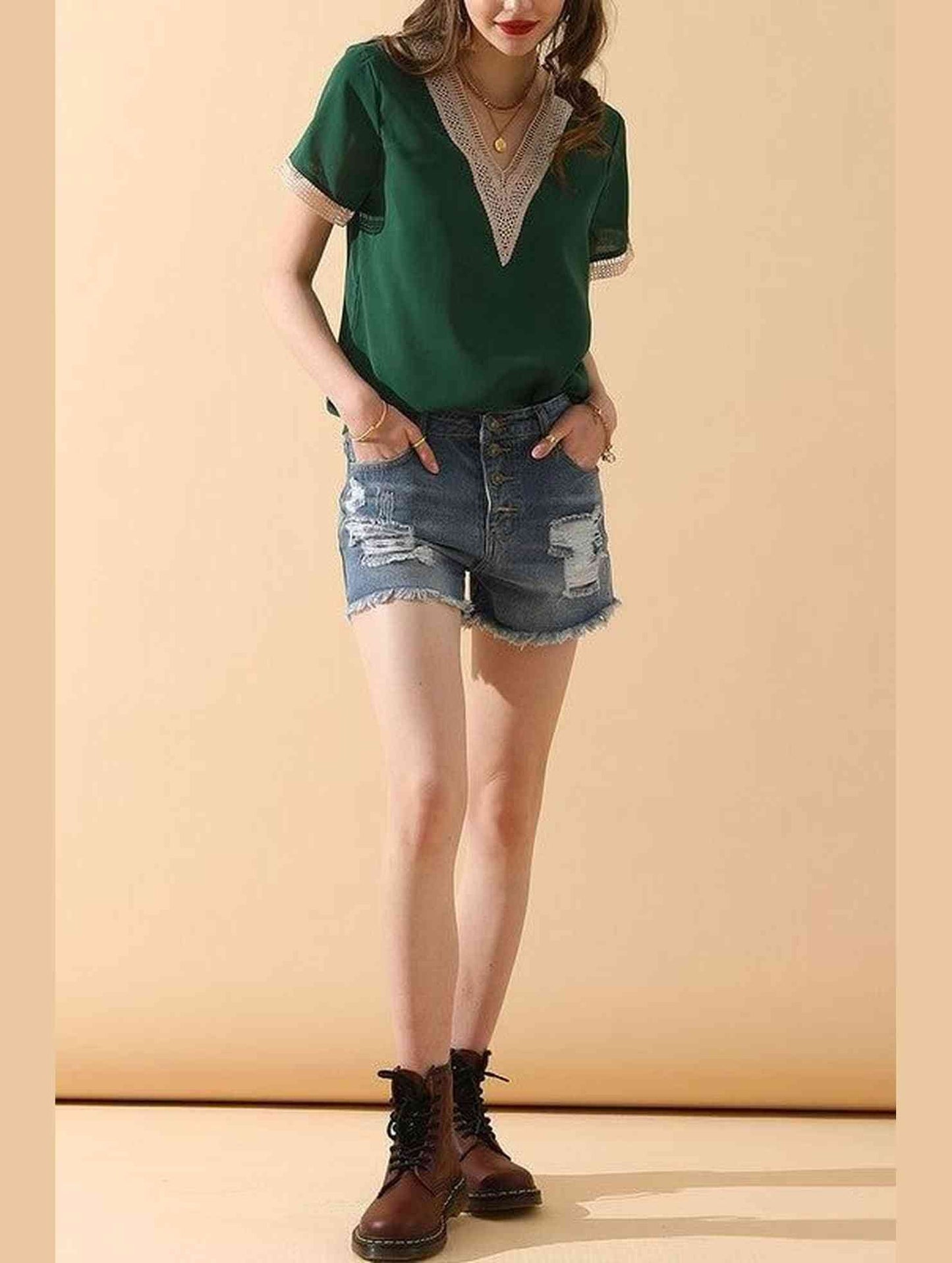 V NECK LACE POINT SHORT SLEEVE BLOUSE TOP - Doublju