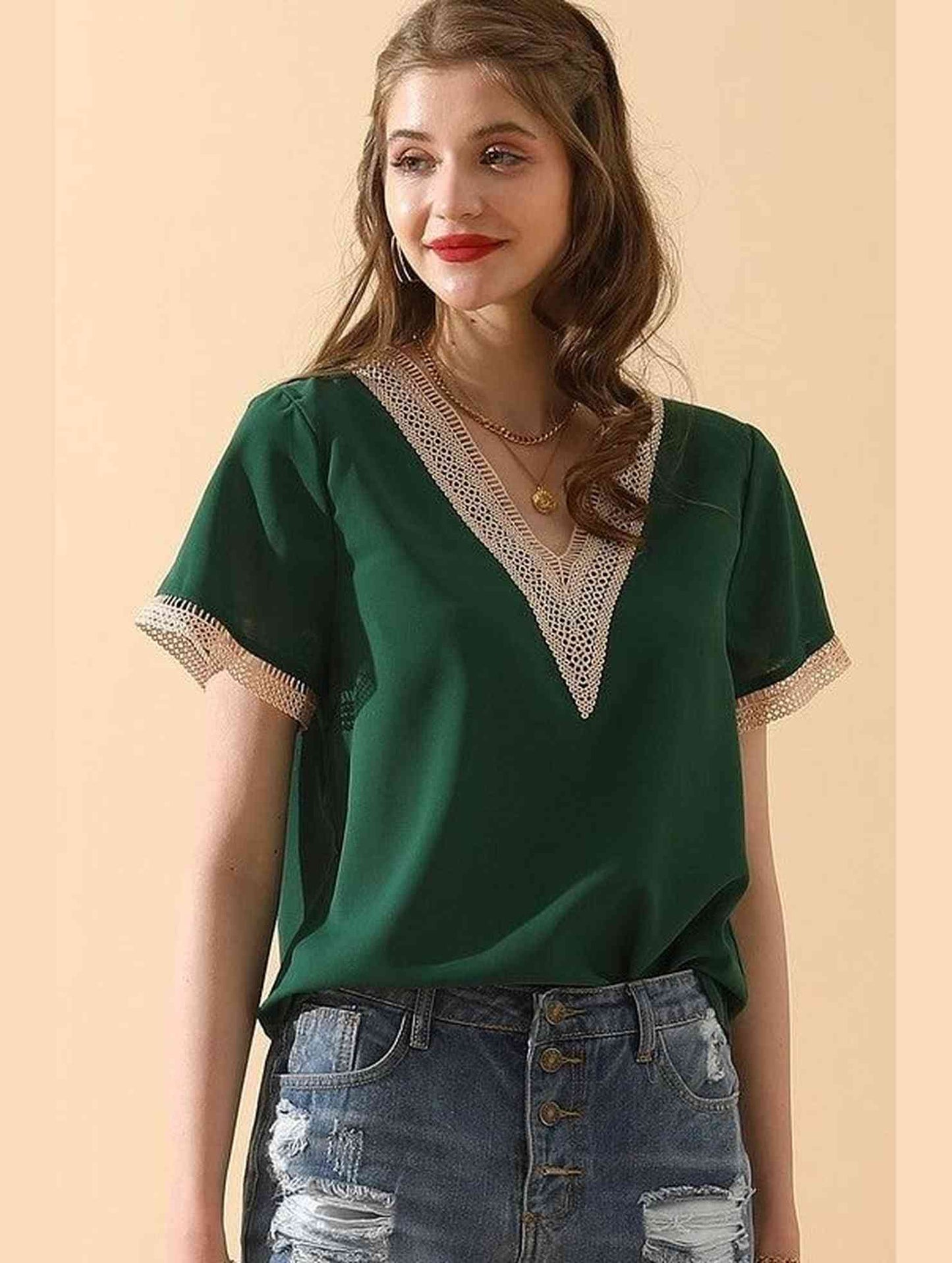 V NECK LACE POINT SHORT SLEEVE BLOUSE TOP - Doublju