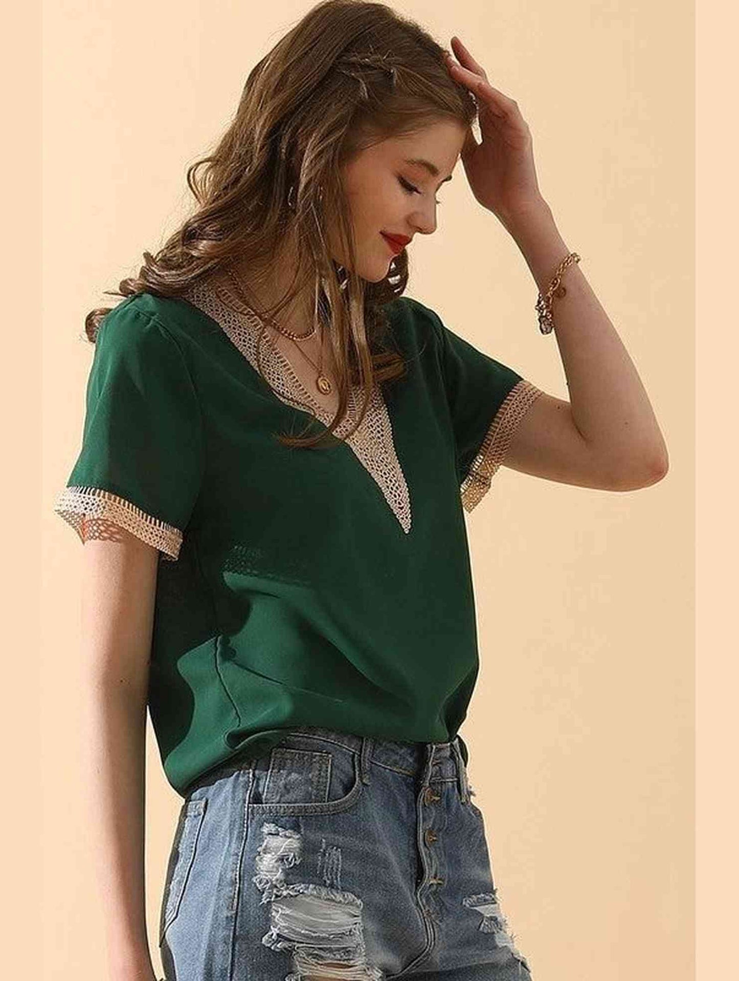 V NECK LACE POINT SHORT SLEEVE BLOUSE TOP - Doublju