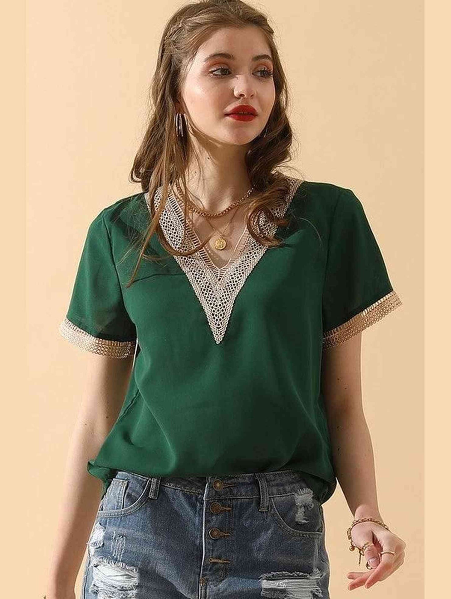 V NECK LACE POINT SHORT SLEEVE BLOUSE TOP - Doublju