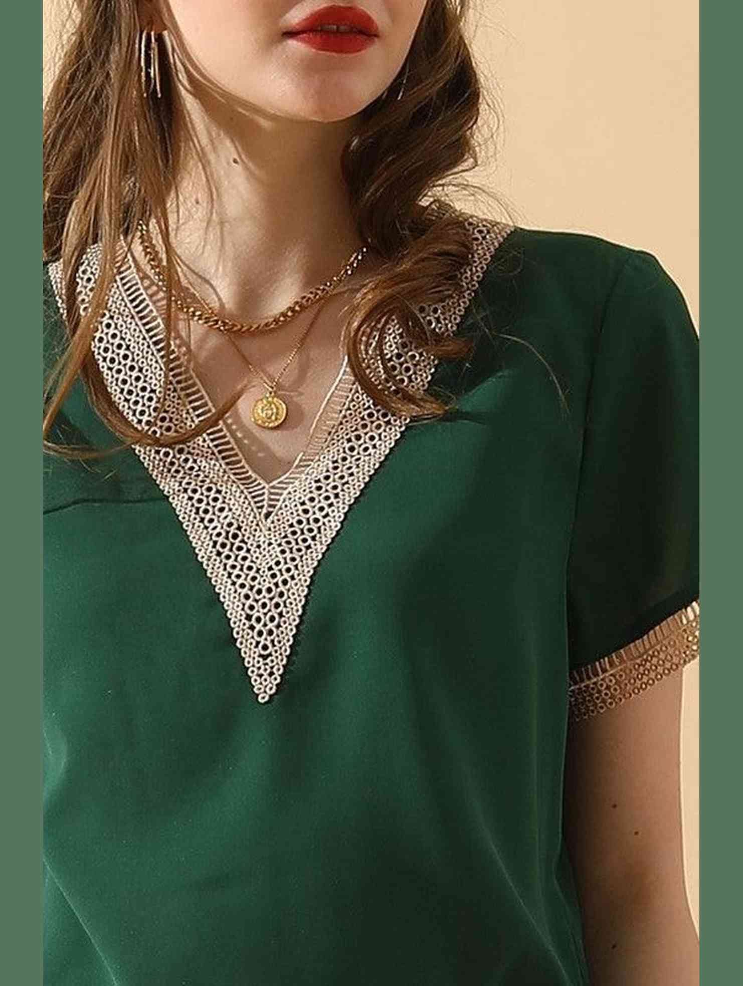 V NECK LACE POINT SHORT SLEEVE BLOUSE TOP - Doublju