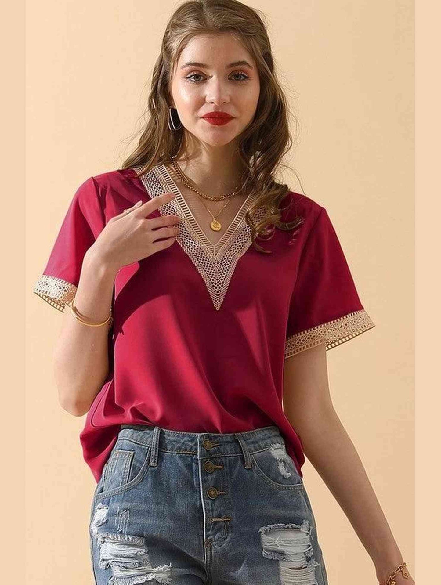 V NECK LACE POINT SHORT SLEEVE BLOUSE TOP - Doublju