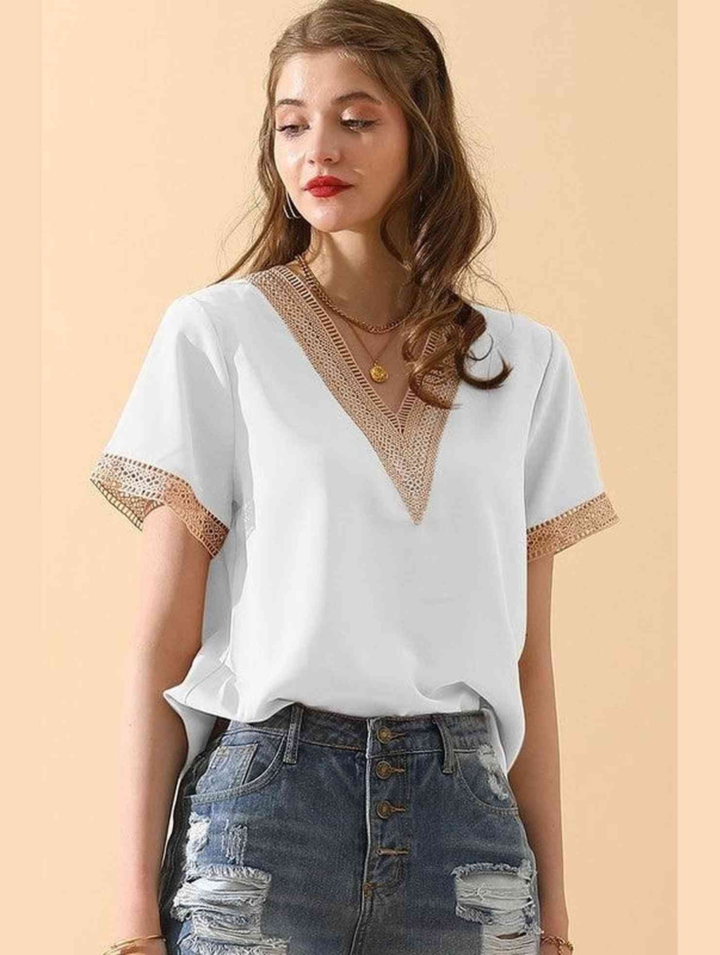 V NECK LACE POINT SHORT SLEEVE BLOUSE TOP - Doublju
