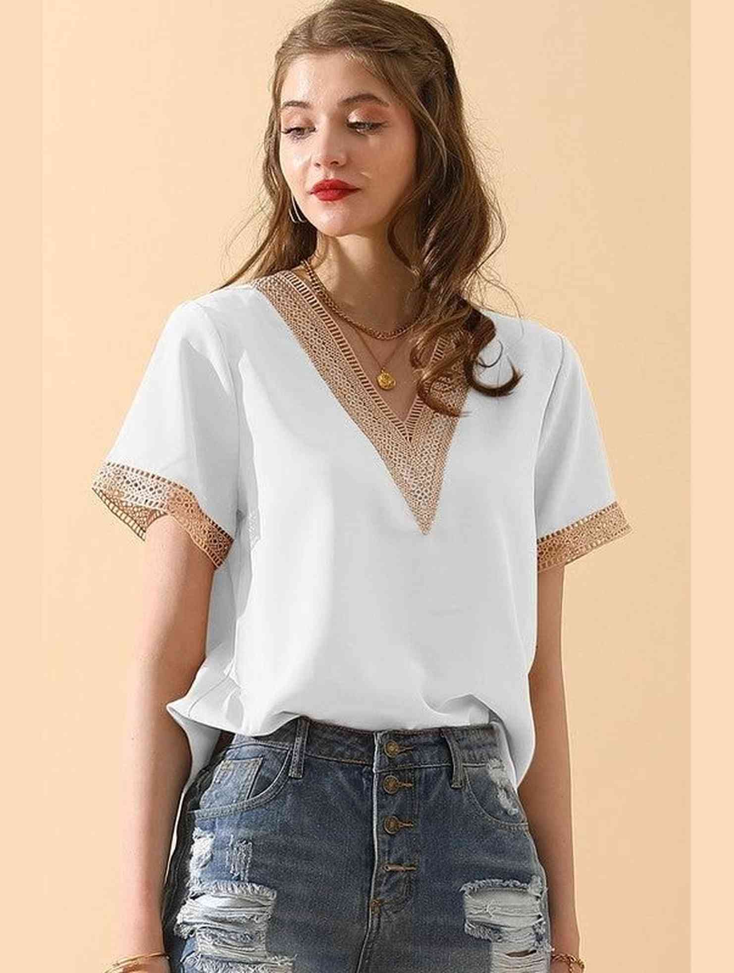 V NECK LACE POINT SHORT SLEEVE BLOUSE TOP - Doublju
