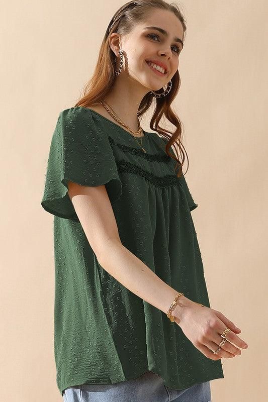 ROUND NECK RACE DETAILED SHORT SLEEVE BLOUSE - Doublju