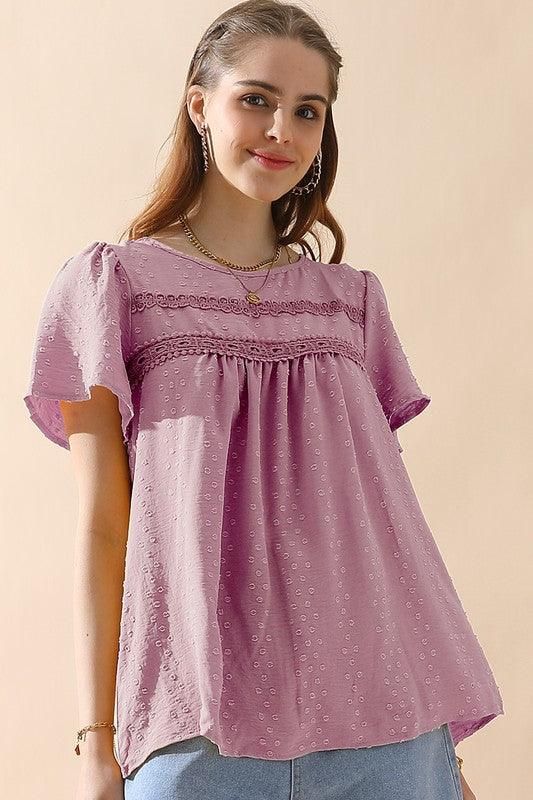 ROUND NECK RACE DETAILED SHORT SLEEVE BLOUSE - Doublju