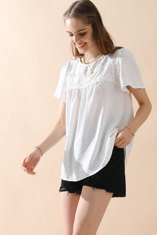 ROUND NECK RACE DETAILED SHORT SLEEVE BLOUSE - Doublju